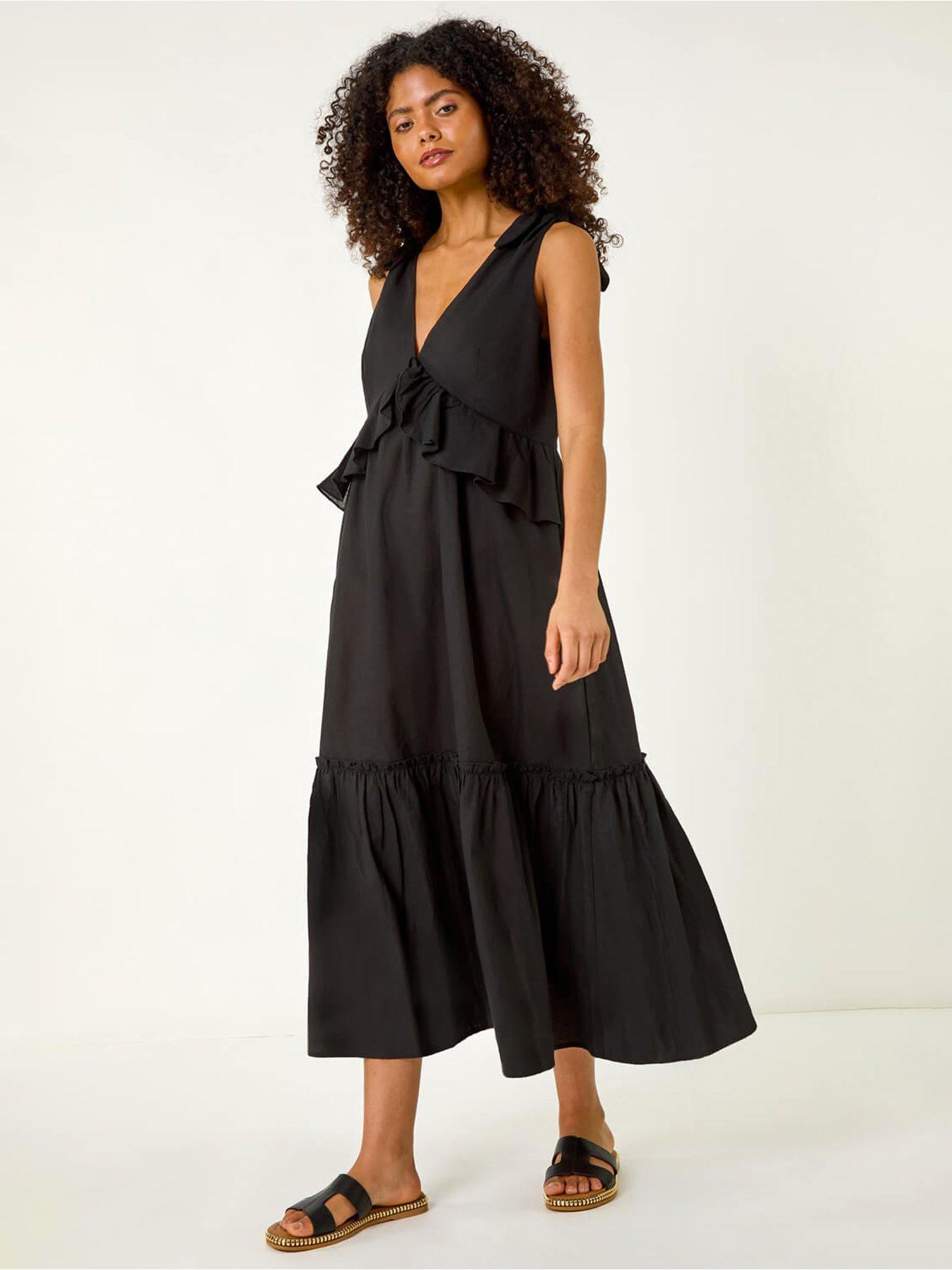 undefined Bow Detail Poplin Midi Dress -  Black