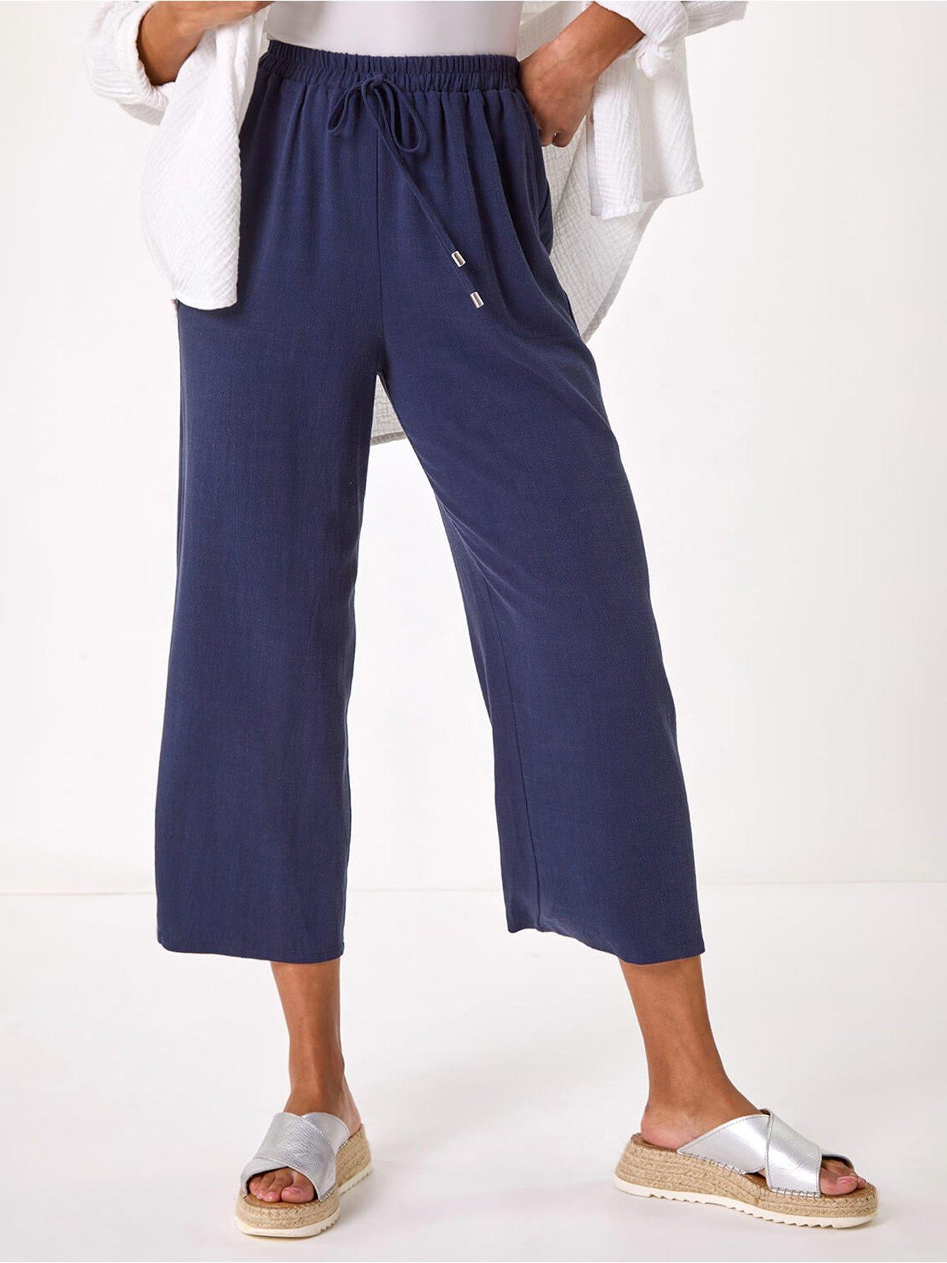 undefined Cropped Linen Trousers -  Navy