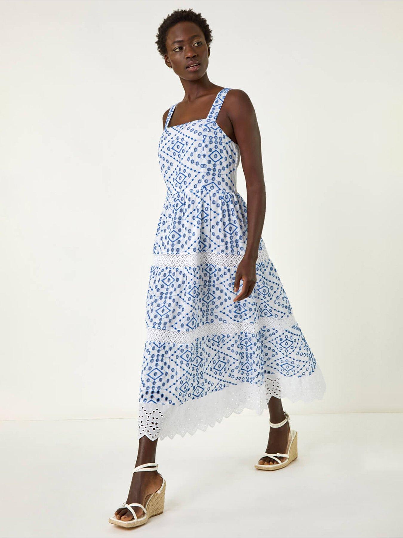undefined Broderie Strap Detail Midi Dress -  Blue