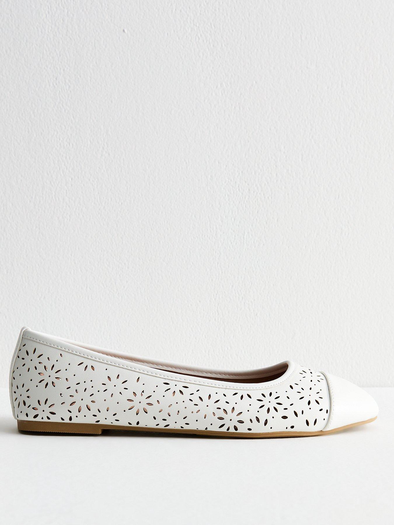 undefined Wide Fit White Faux Leather Laser Cut Ballet Flats