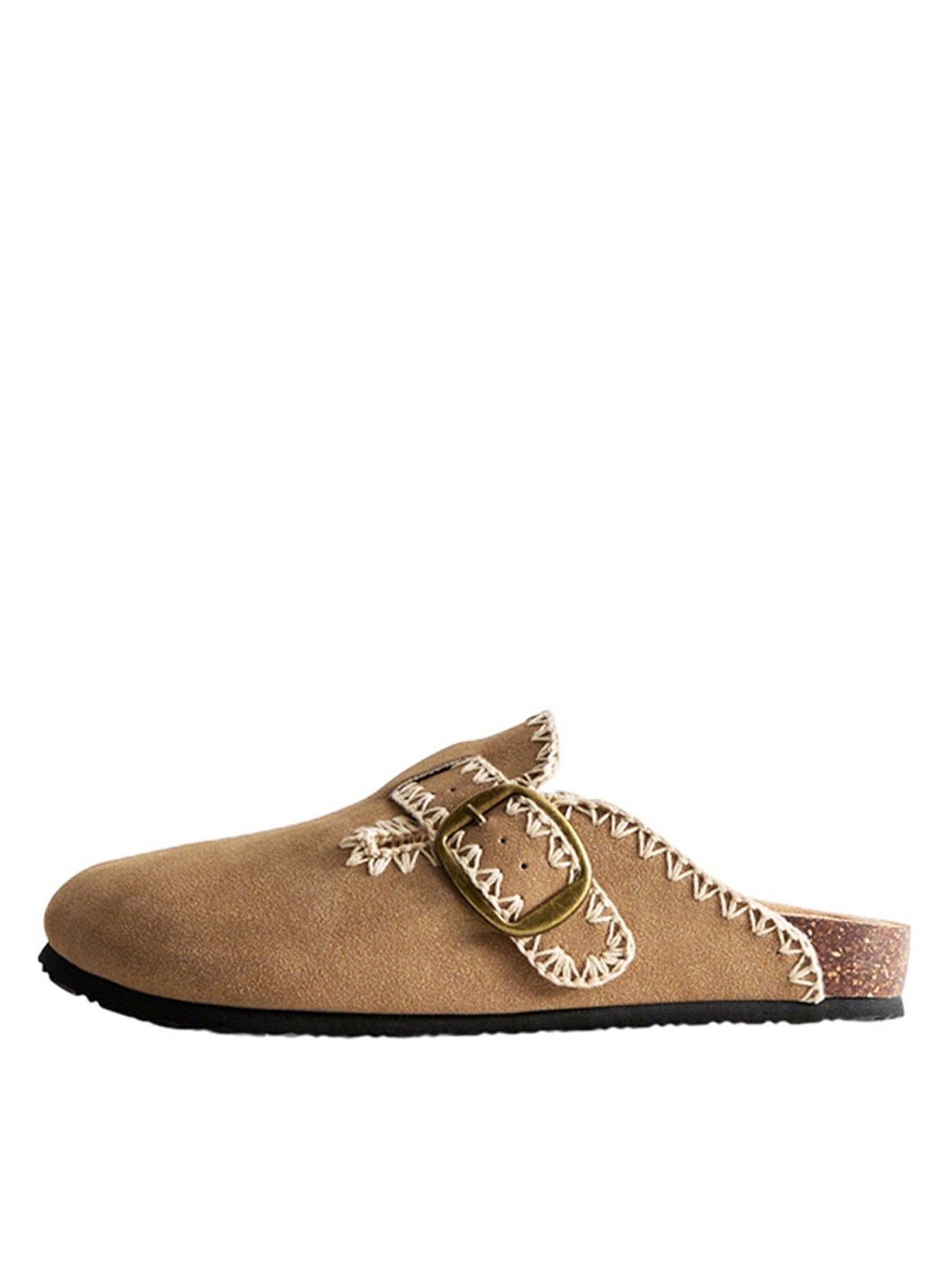 undefined Brown Faux Suede Whipstitched Mules