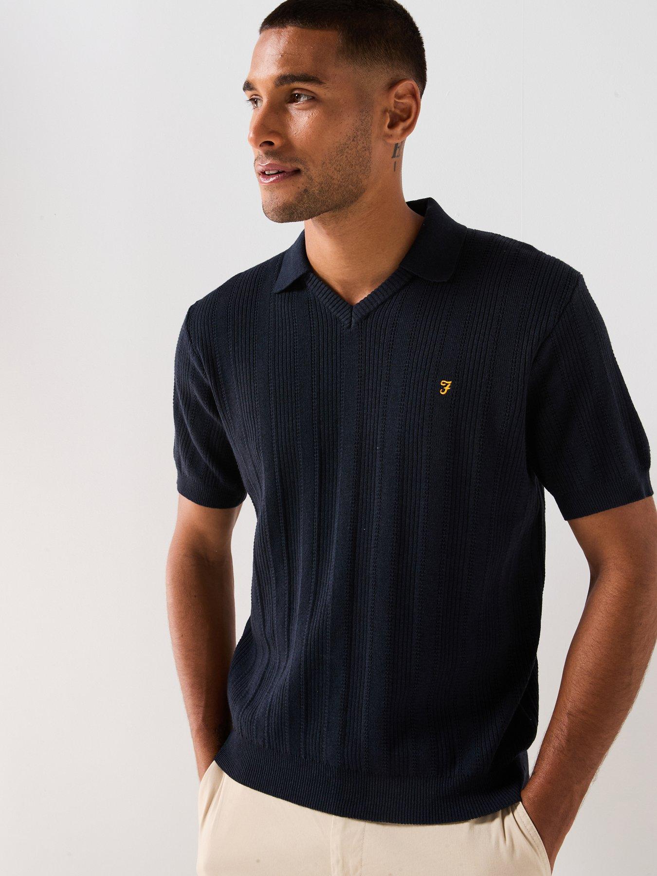 undefined Farah Woodford Knitted Open Polo Shirt- Navy