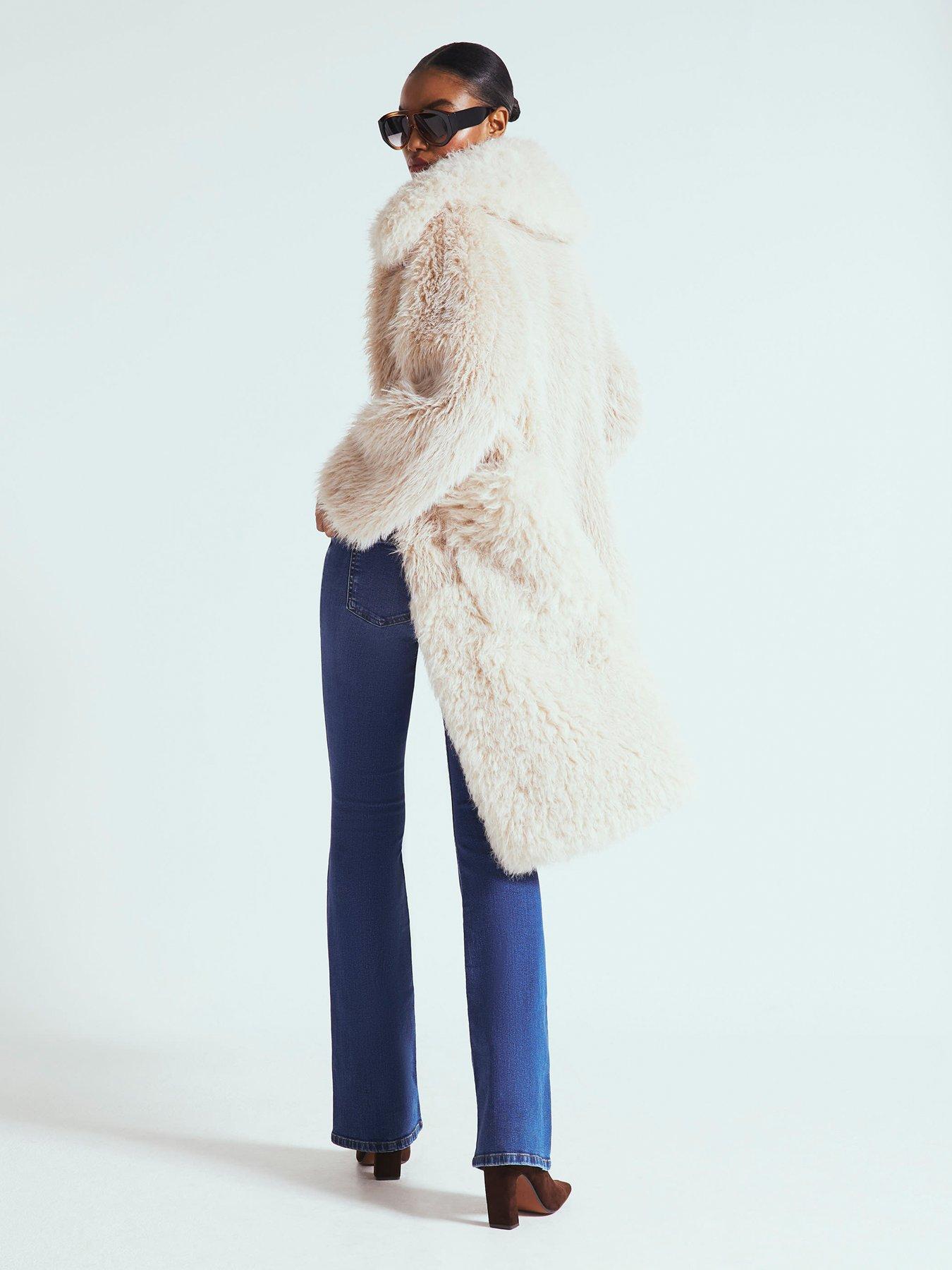 Image 2 of 4 of River Island Mixed Curly Zip Faux Fur Jacket - Cream