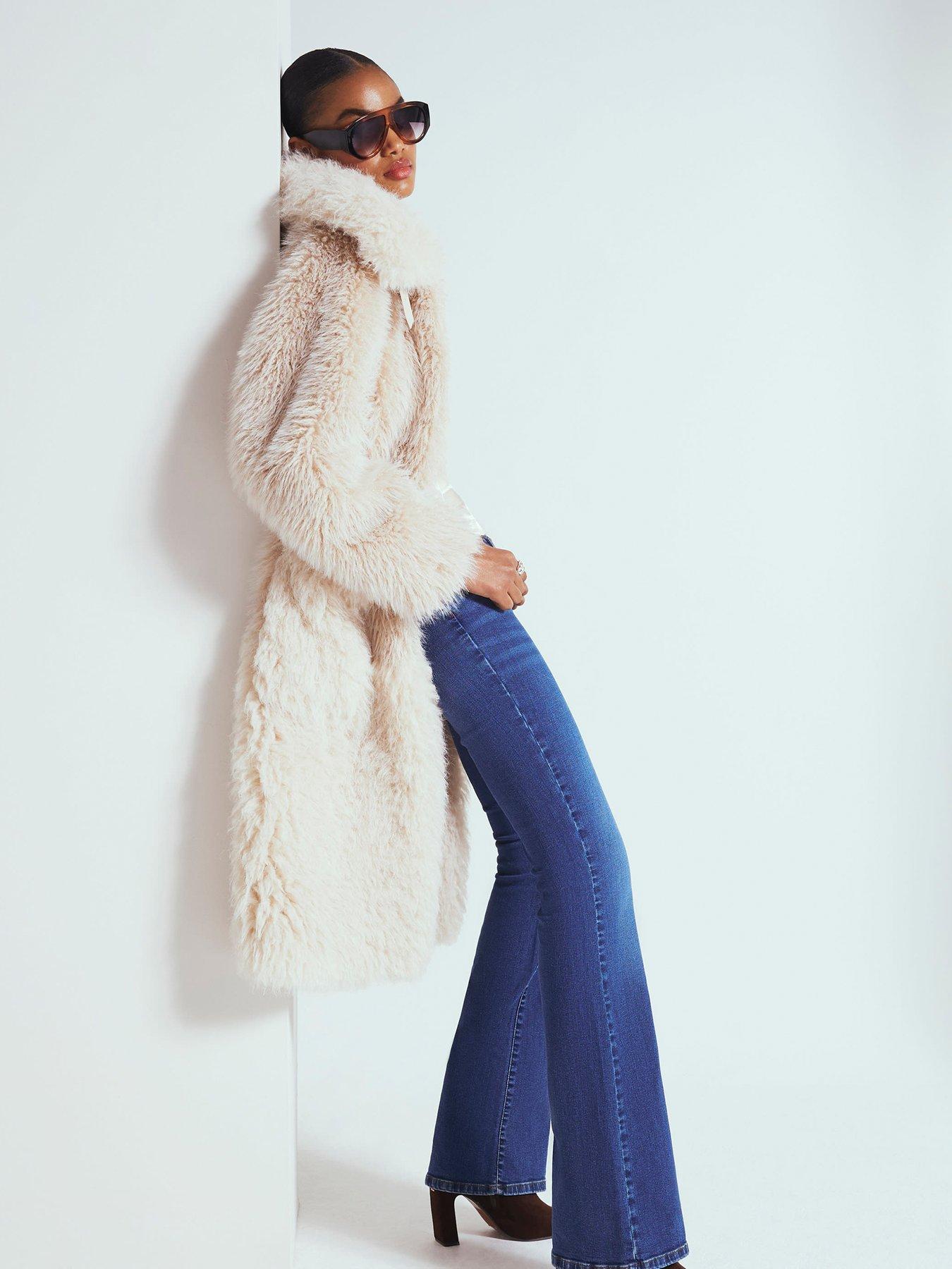 Image 3 of 4 of River Island Mixed Curly Zip Faux Fur Jacket - Cream