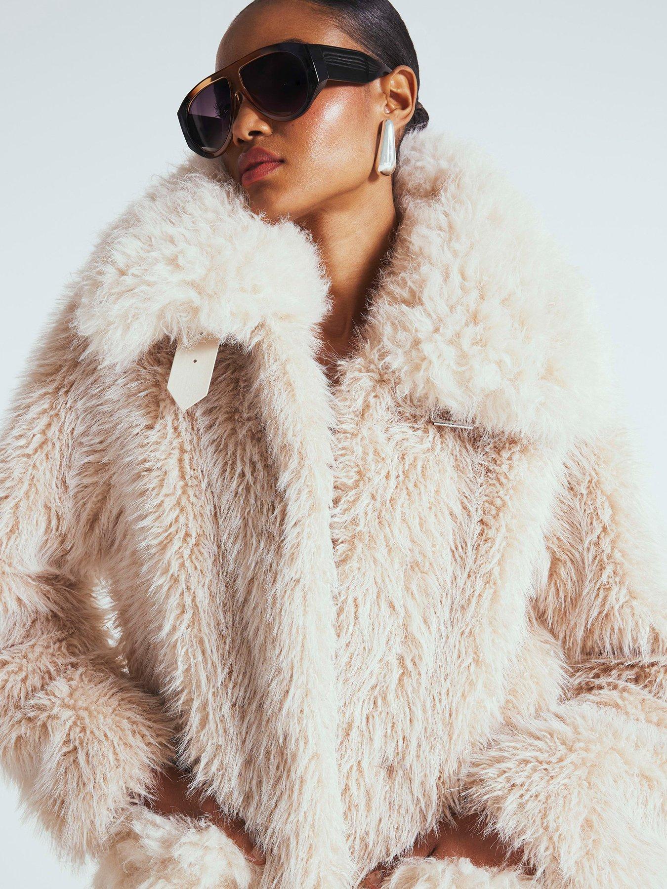 Image 4 of 4 of River Island Mixed Curly Zip Faux Fur Jacket - Cream