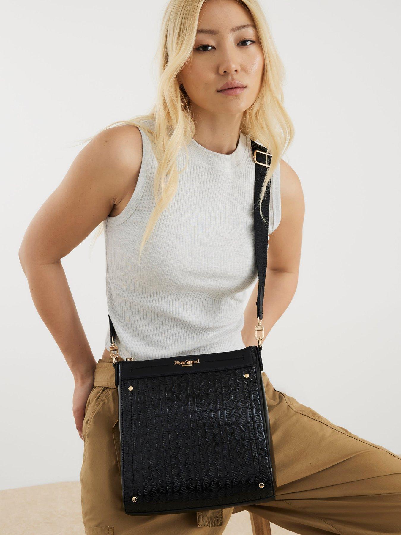 River Island Patent Monogram Messenger - Black