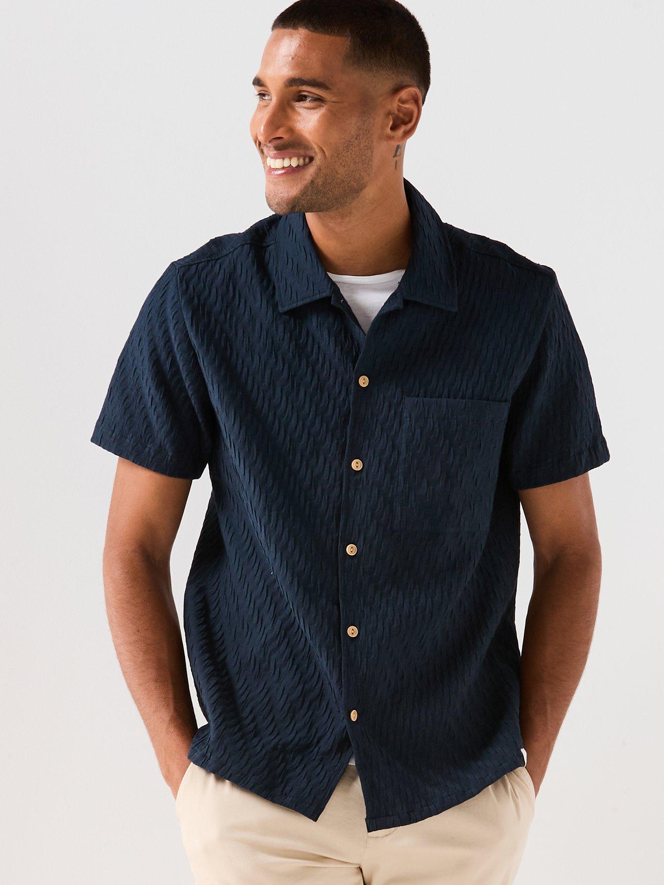 undefined Farah Finn Textured Relaxed Short Sleeve Shirt- Navy