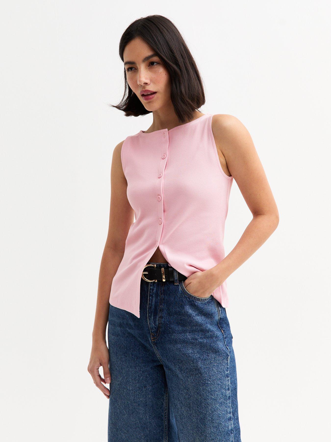 undefined Pink Rib Button Through Tank Top