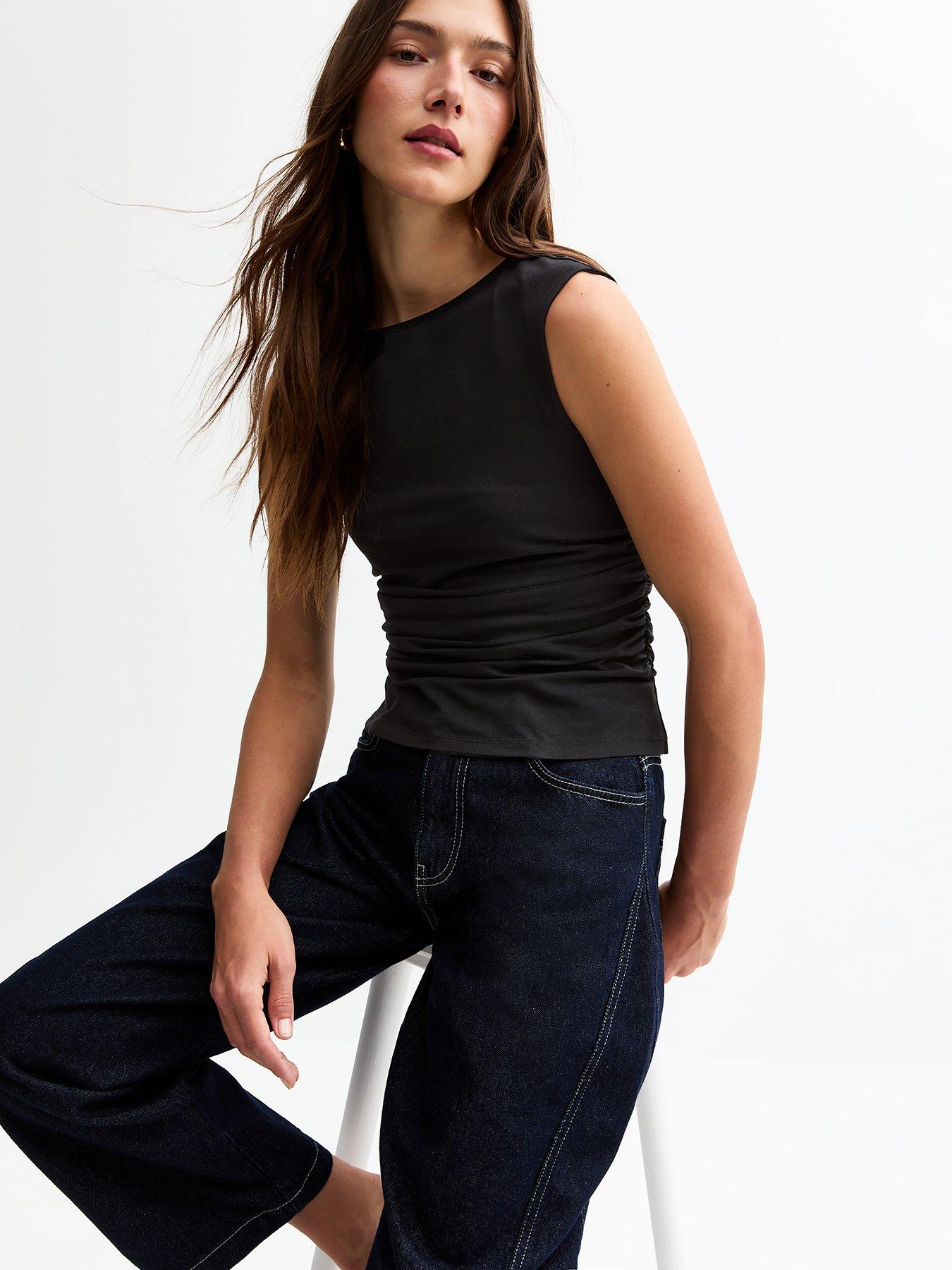 undefined Black Jersey Cap Sleeve Ruched Tank Top