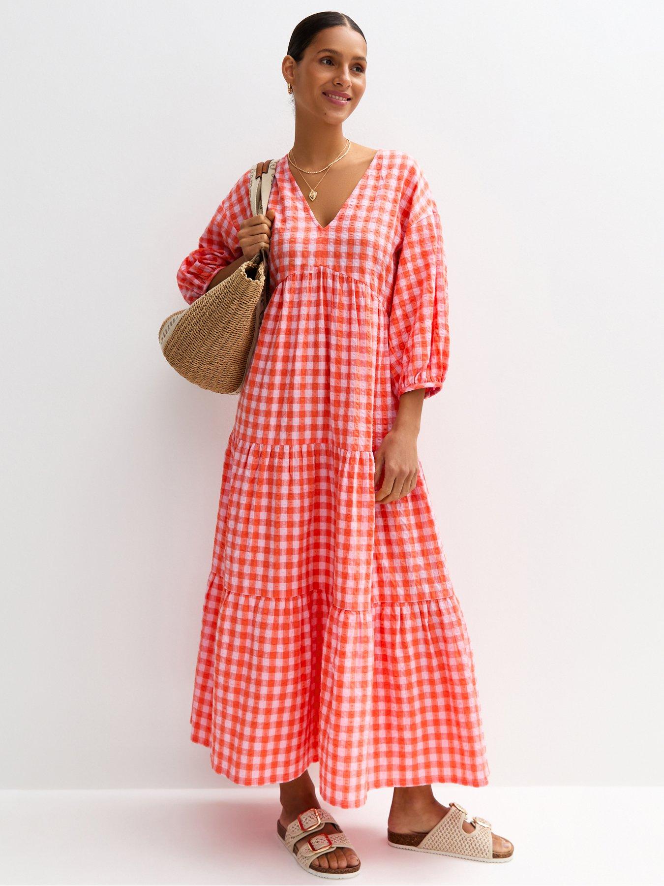 undefined Gingham Check Tiered Midi Dress - Pink