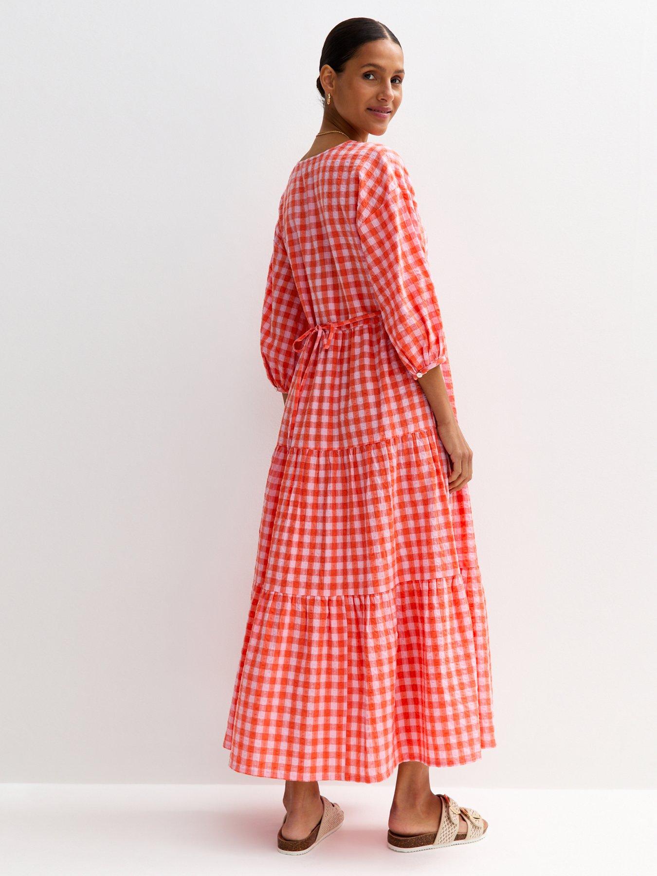 Image 2 of 5 of New Look Pink Gingham Check Tiered Midi Dress