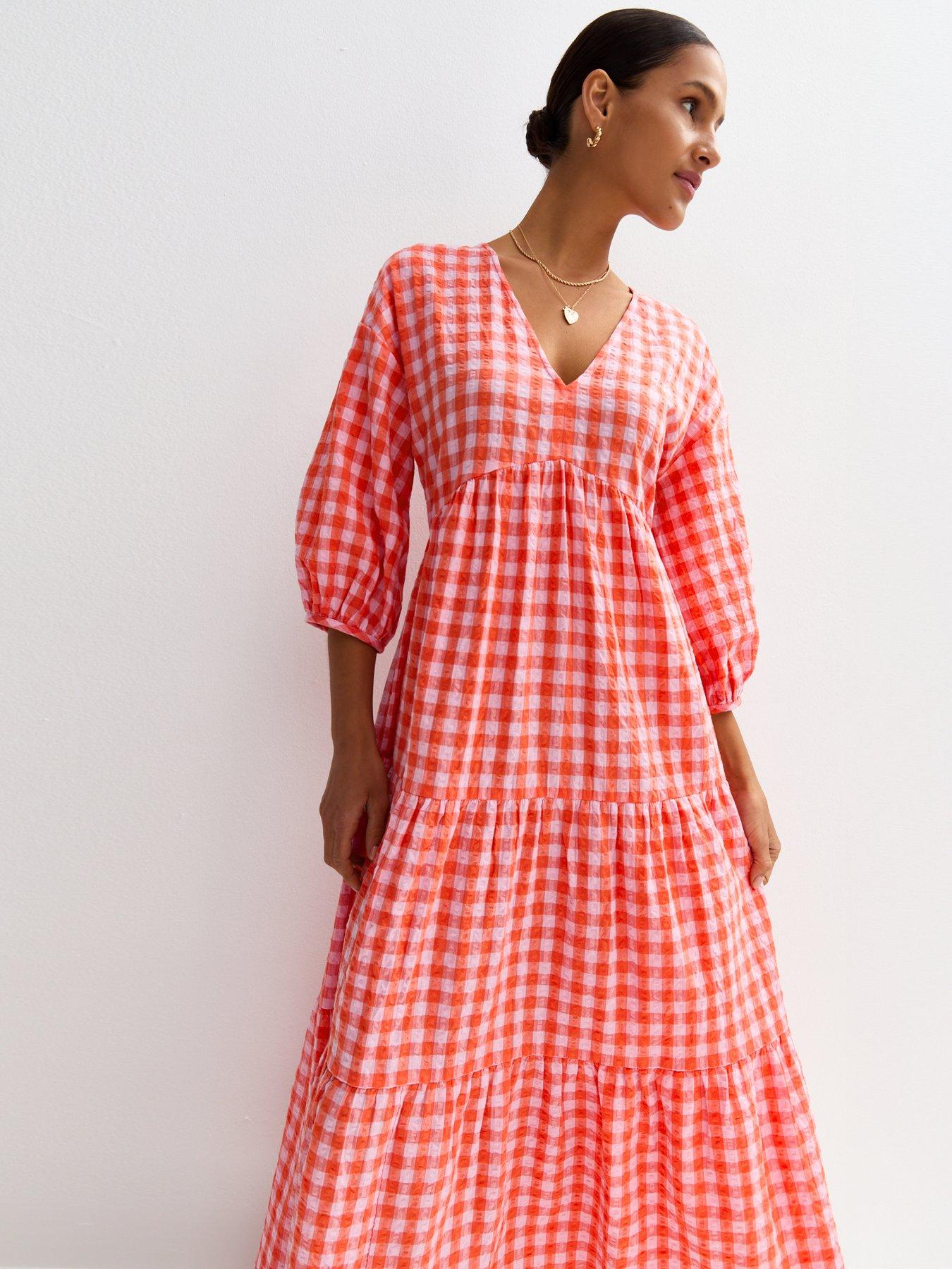 Image 3 of 5 of New Look Pink Gingham Check Tiered Midi Dress