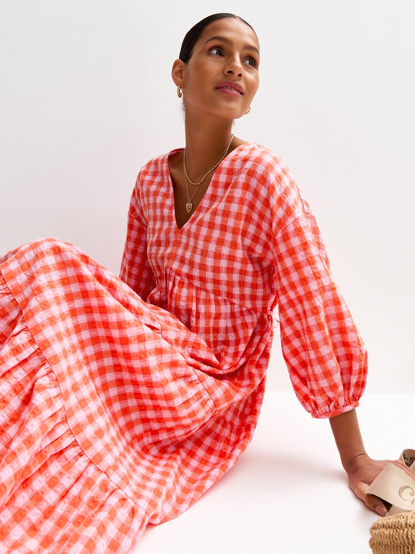 Image 4 of 5 of New Look Pink Gingham Check Tiered Midi Dress