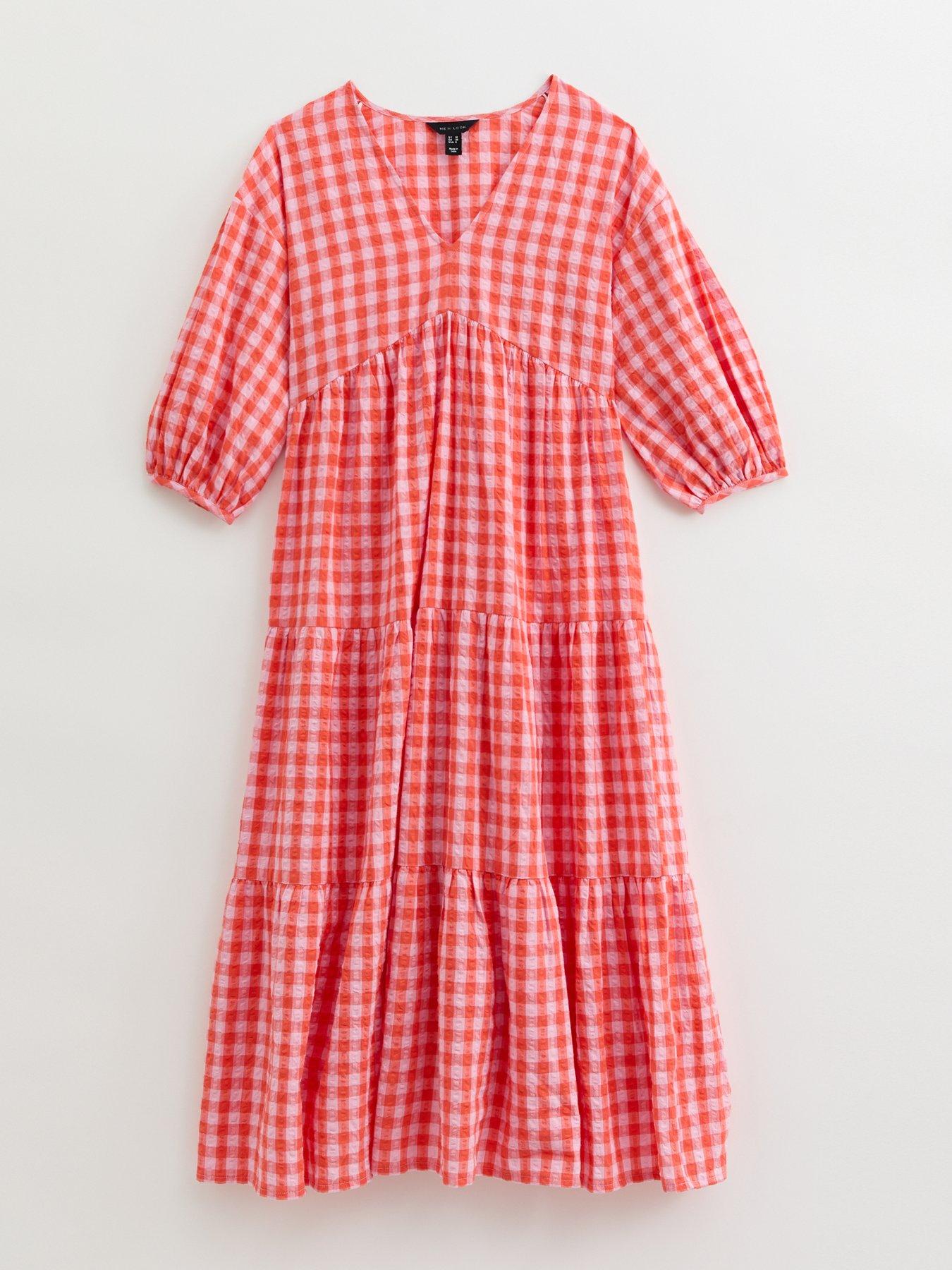 Image 5 of 5 of New Look Pink Gingham Check Tiered Midi Dress