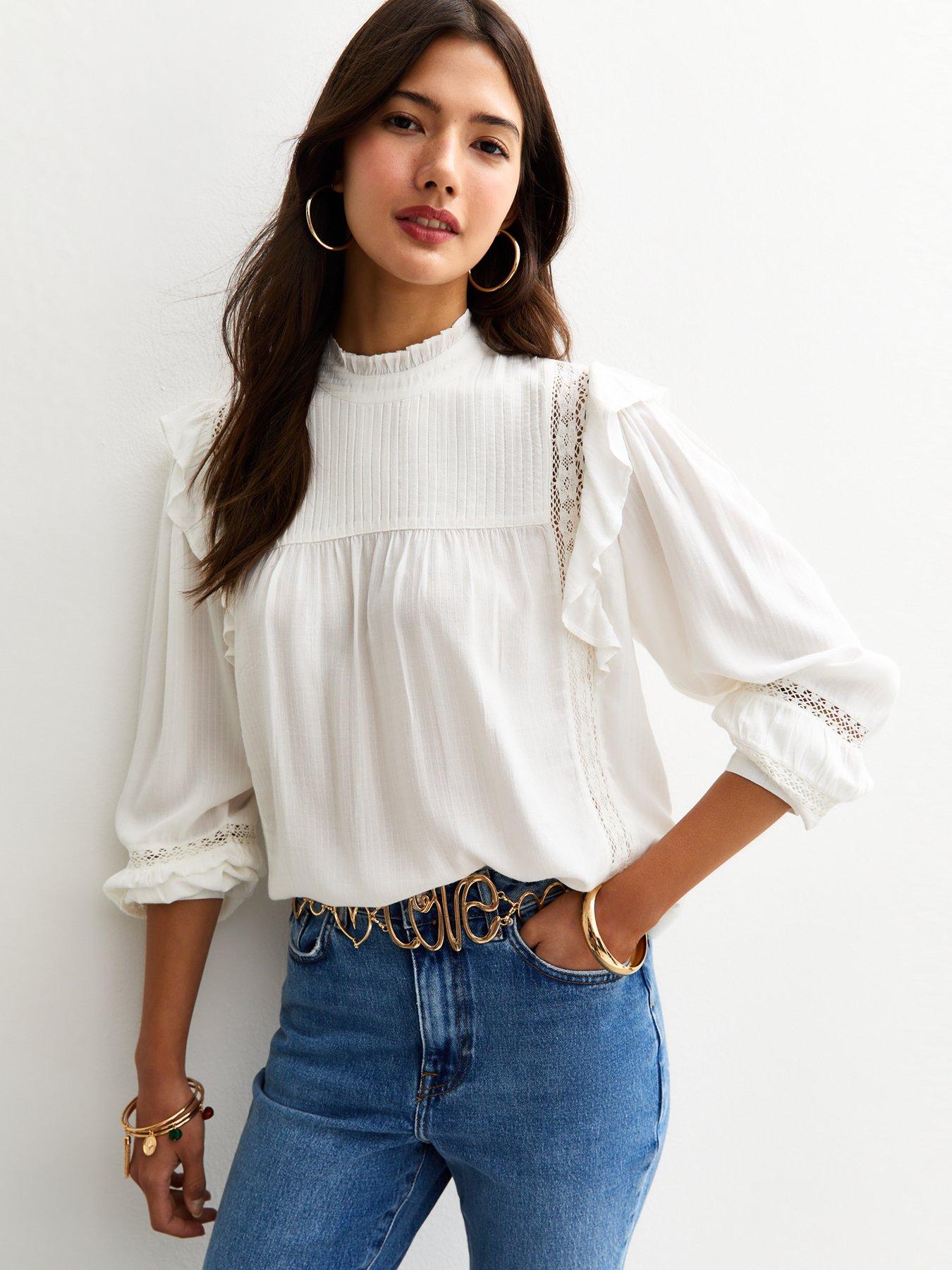 New Look Frilly Trimmed Lace Insert Blouse - White