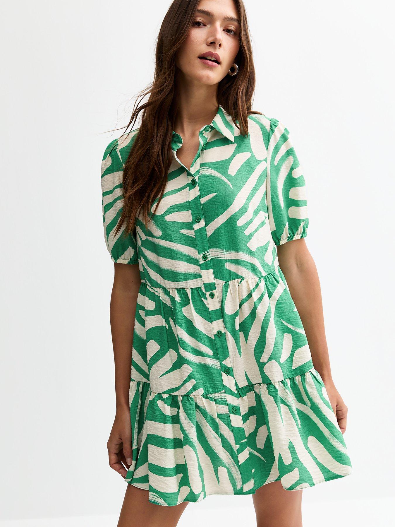 undefined Abstract Print Tiered Mini Shirt Dress - Green