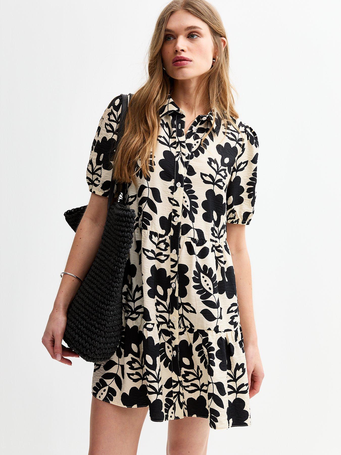 undefined Crinkle Texture Floral Print Short Sleeve Shirt Dress - Black/White
