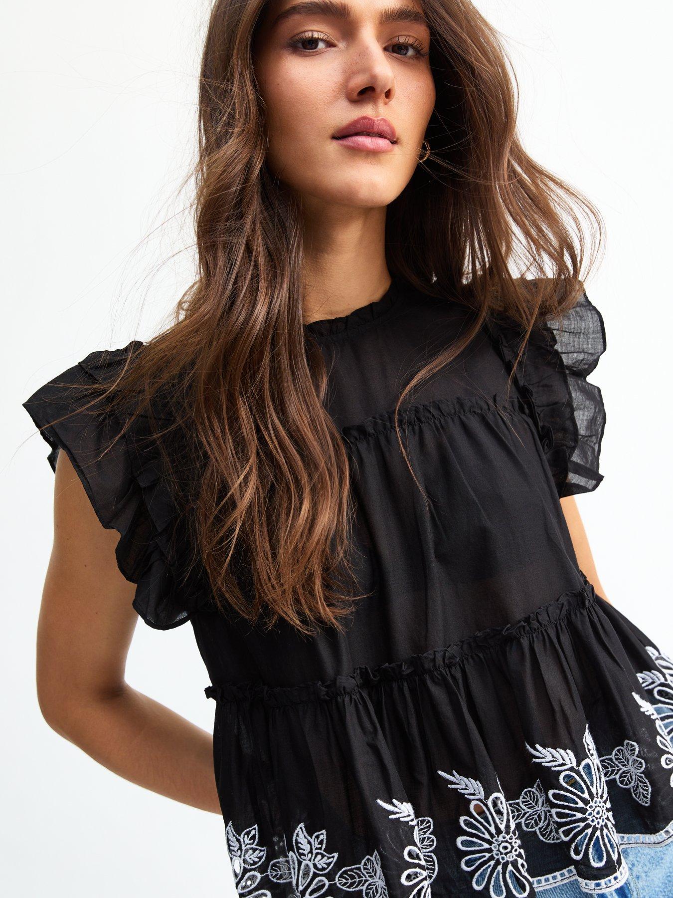 undefined Black Floral Embroidered Frilly Trim Top