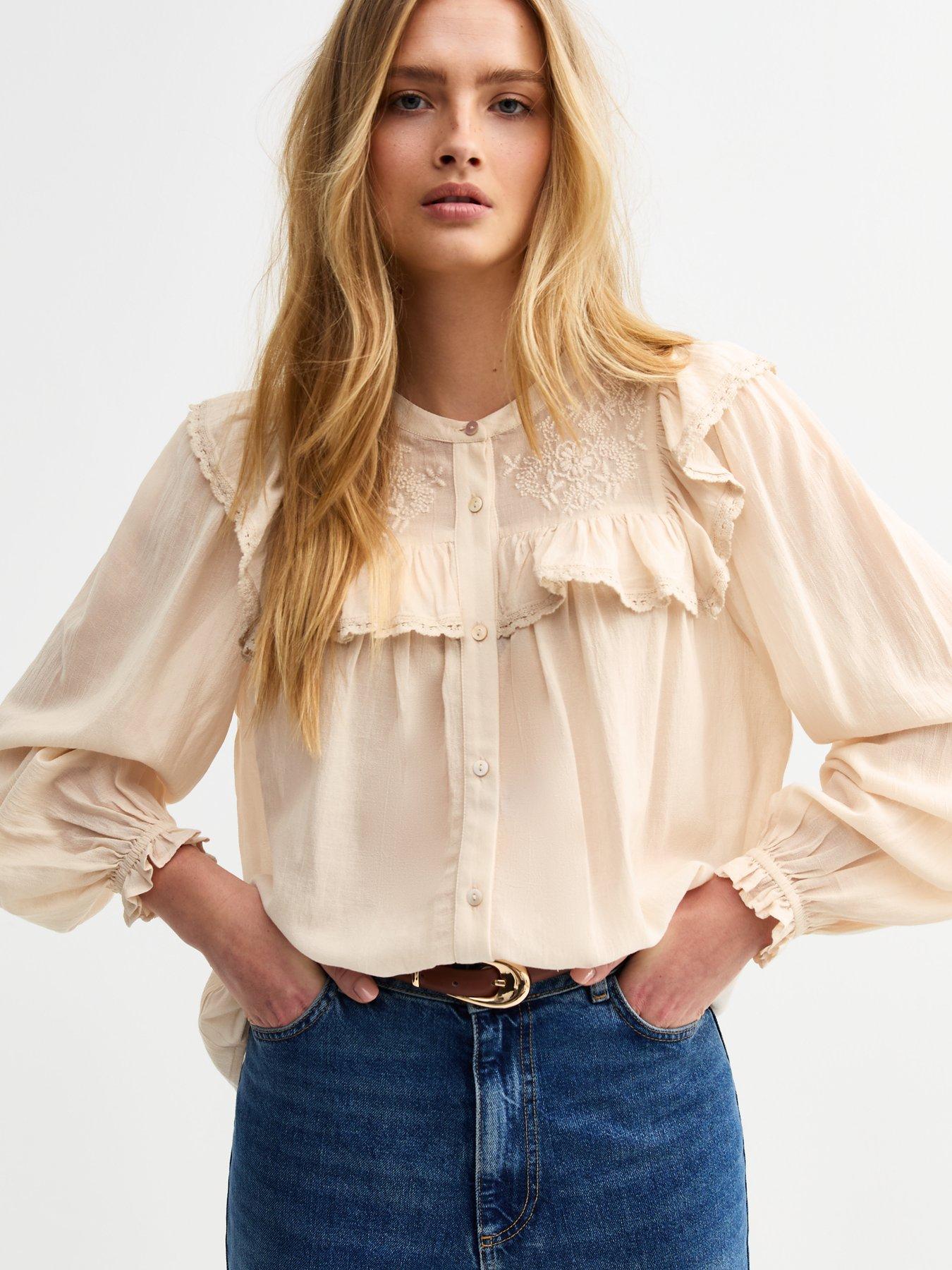 undefined Cream Floral Embroidered Frill Trim Blouse - Pink
