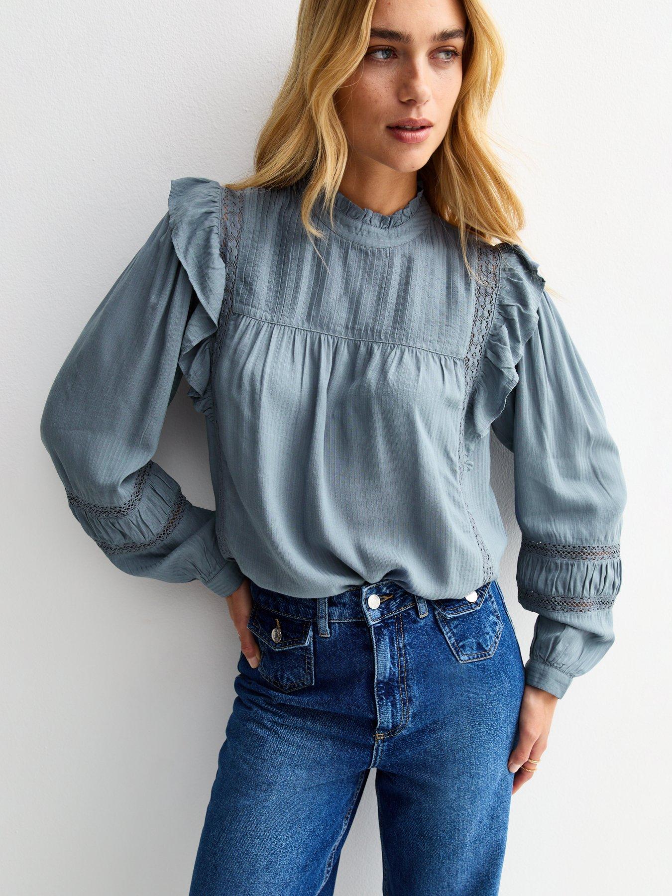 Image 1 of 4 of New Look Frilly Trimmed Lace Insert Blouse - Blue