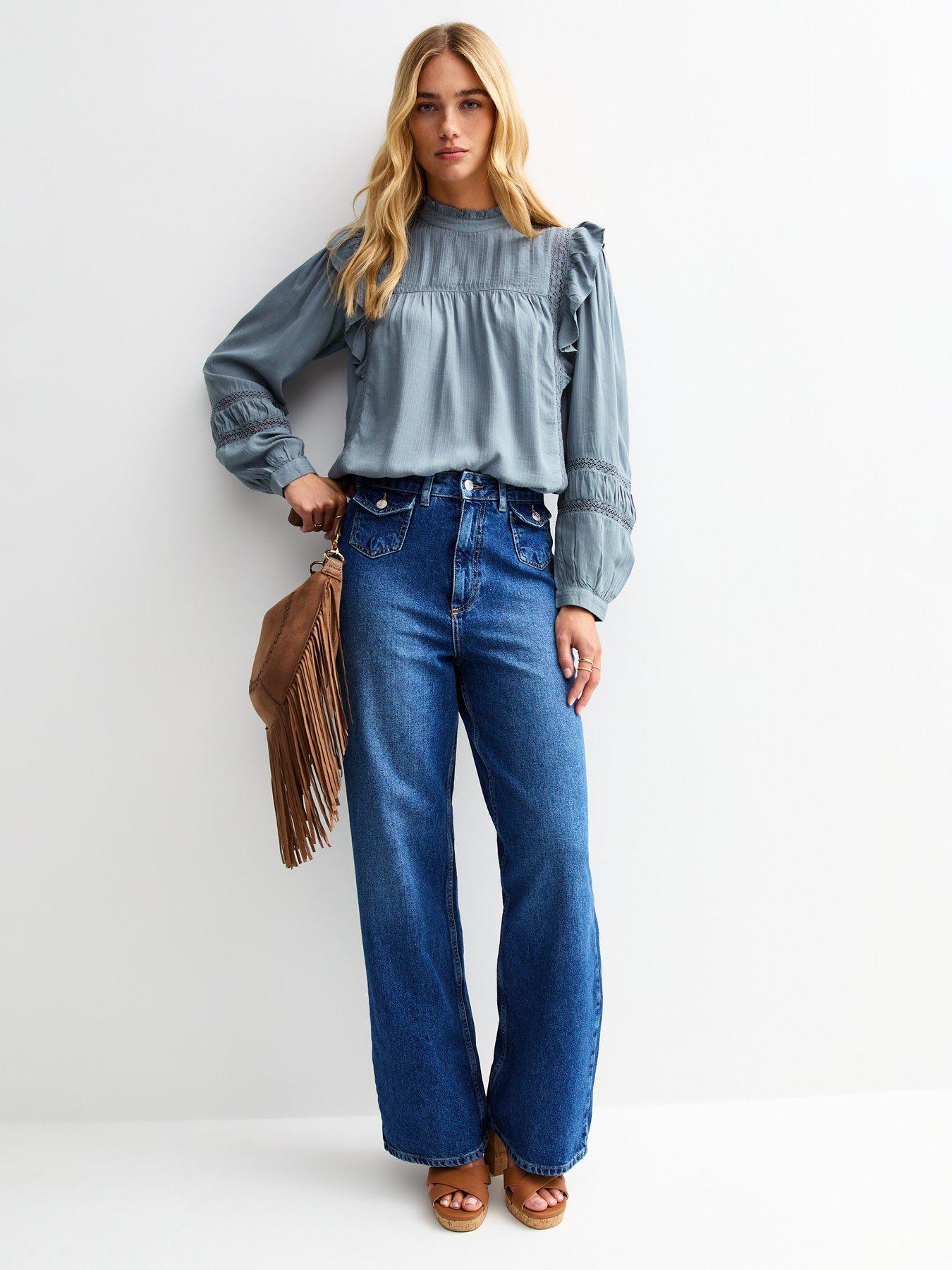 Image 3 of 4 of New Look Frilly Trimmed Lace Insert Blouse - Blue