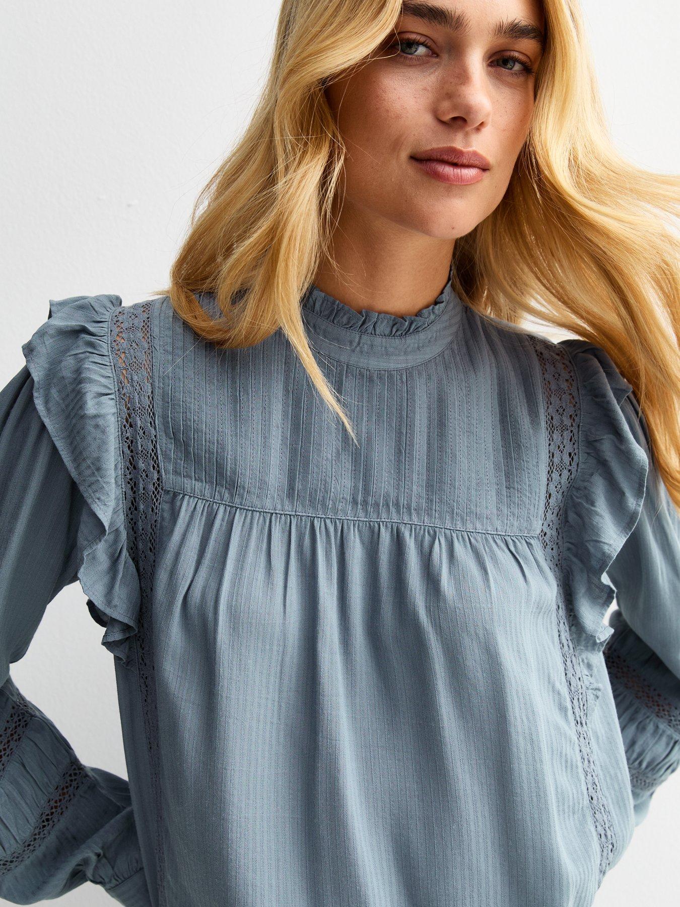 Image 4 of 4 of New Look Frilly Trimmed Lace Insert Blouse - Blue