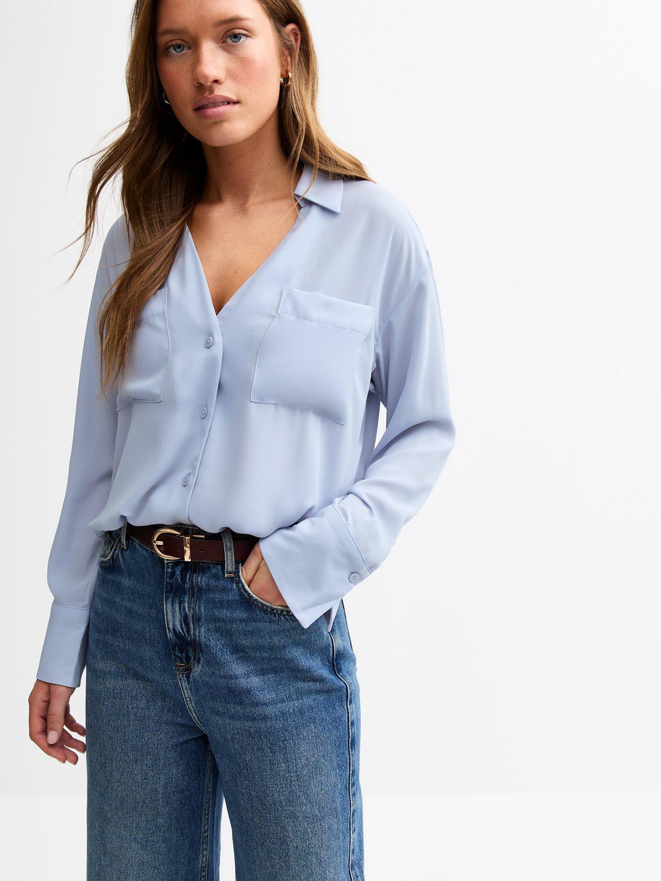 undefined Blue V-neck Curved Hem Shirt