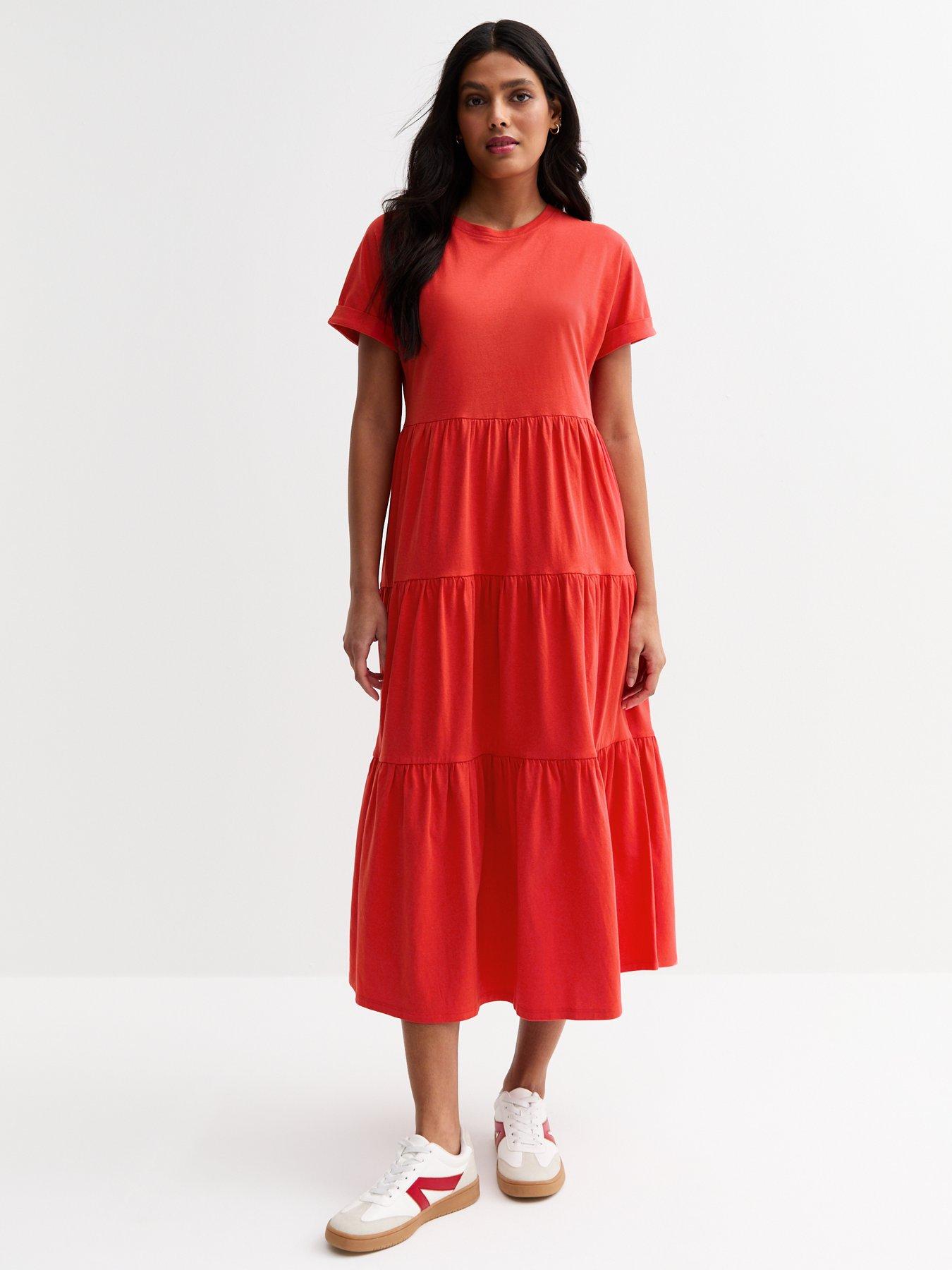 undefined Jersey Tiered Skirt Midi Smock Dress - Red