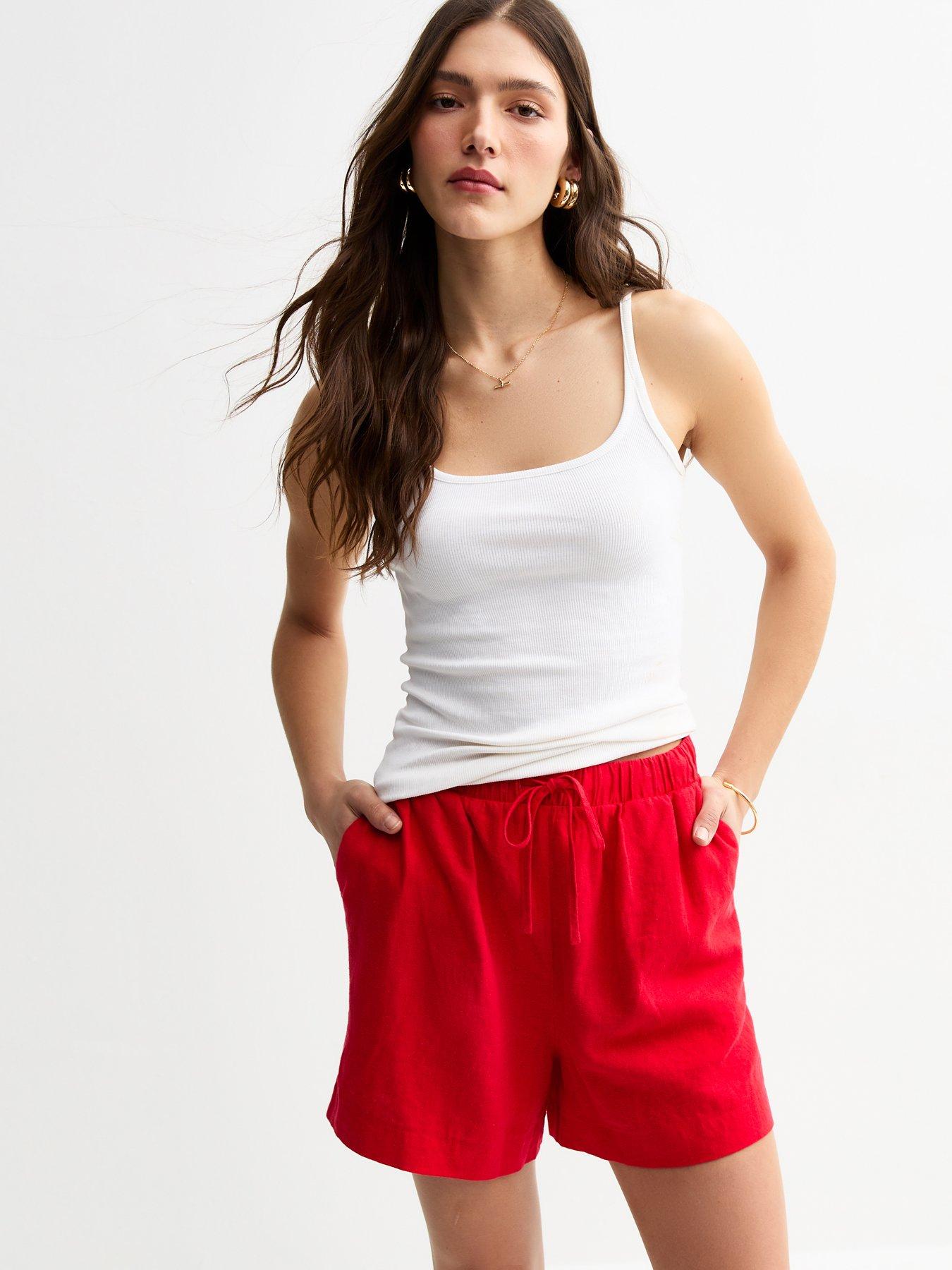 undefined Linen Blend Drawstring Waist Shorts - Red