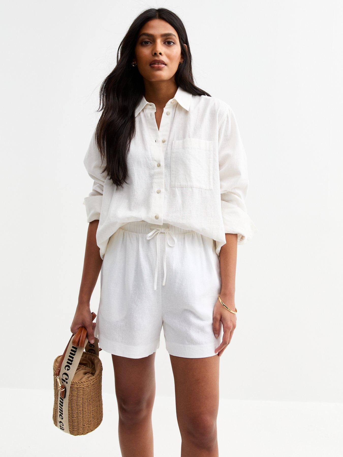 undefined Linen Blend Drawstring Waist Shorts - White