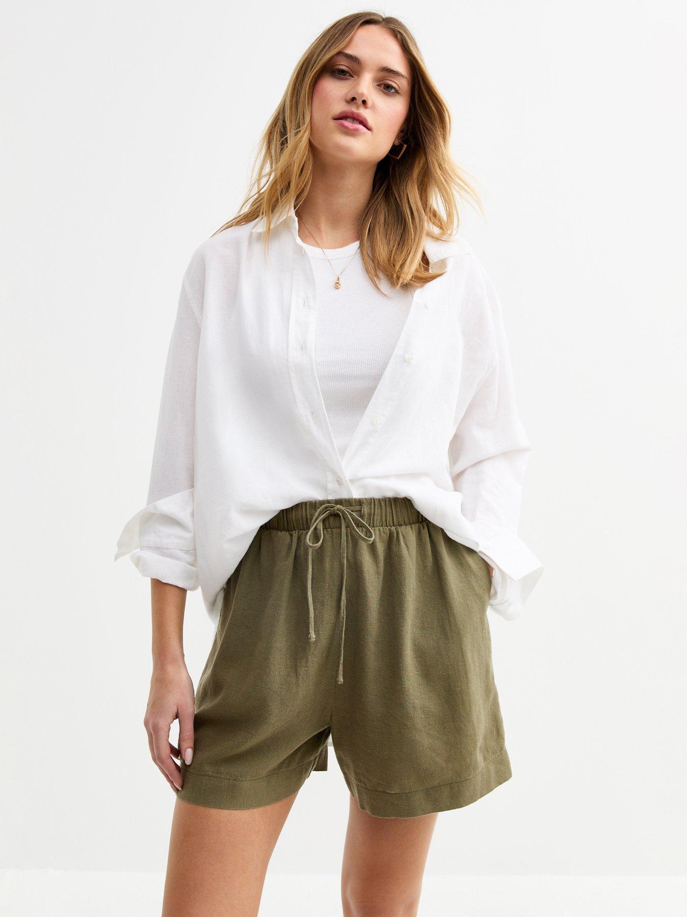 undefined Linen Blend Drawstring Waist Shorts - Green