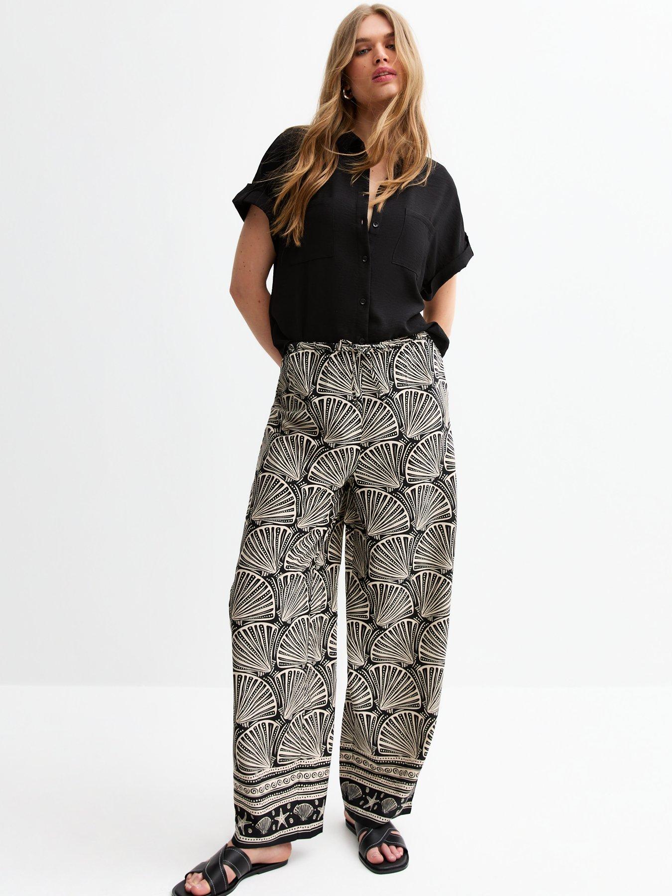 undefined Black Crepe Shell Print Wide Leg Trousers