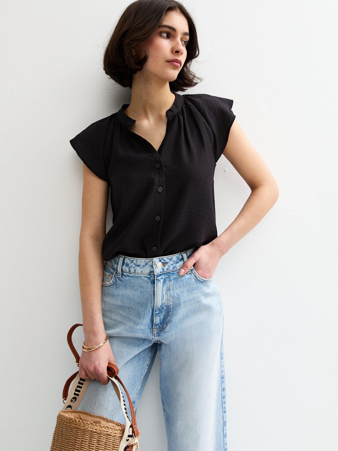 undefined Black Flutter Sleeve Button Up Top