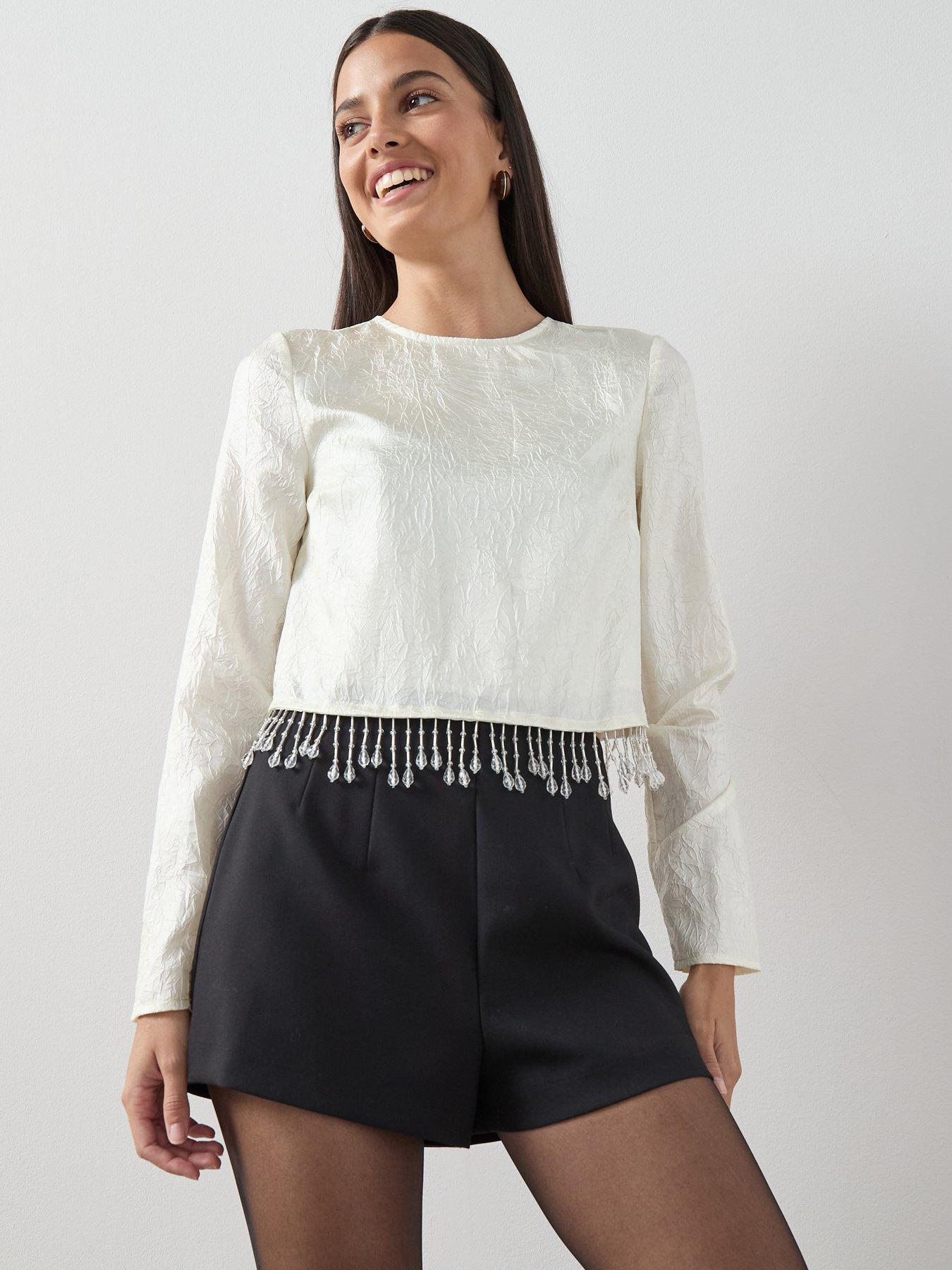 The Very Collection Embellished Trim Crease Effect Top - Cream