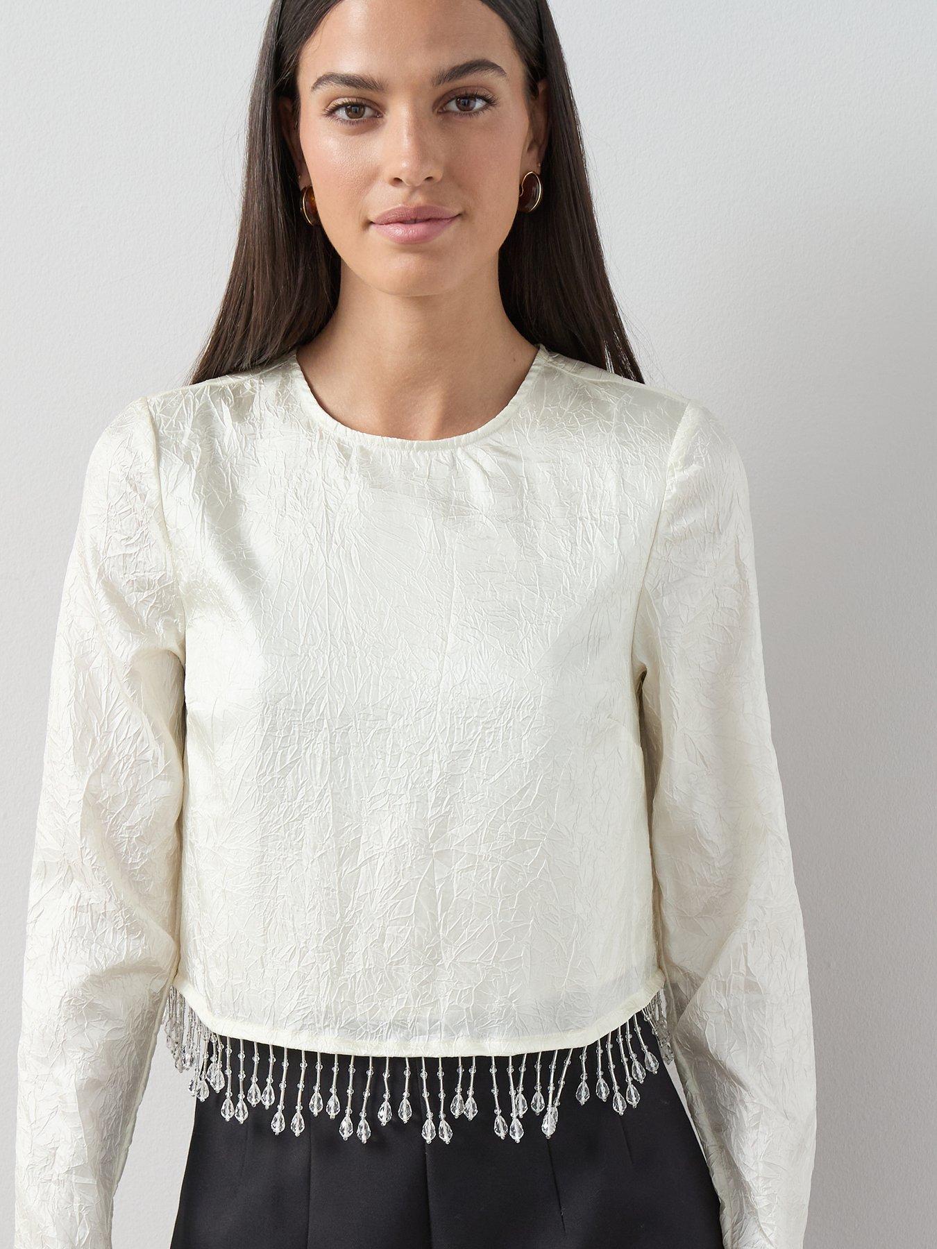 The Very Collection Embellished Trim Crease Effect Top - Cream | Very