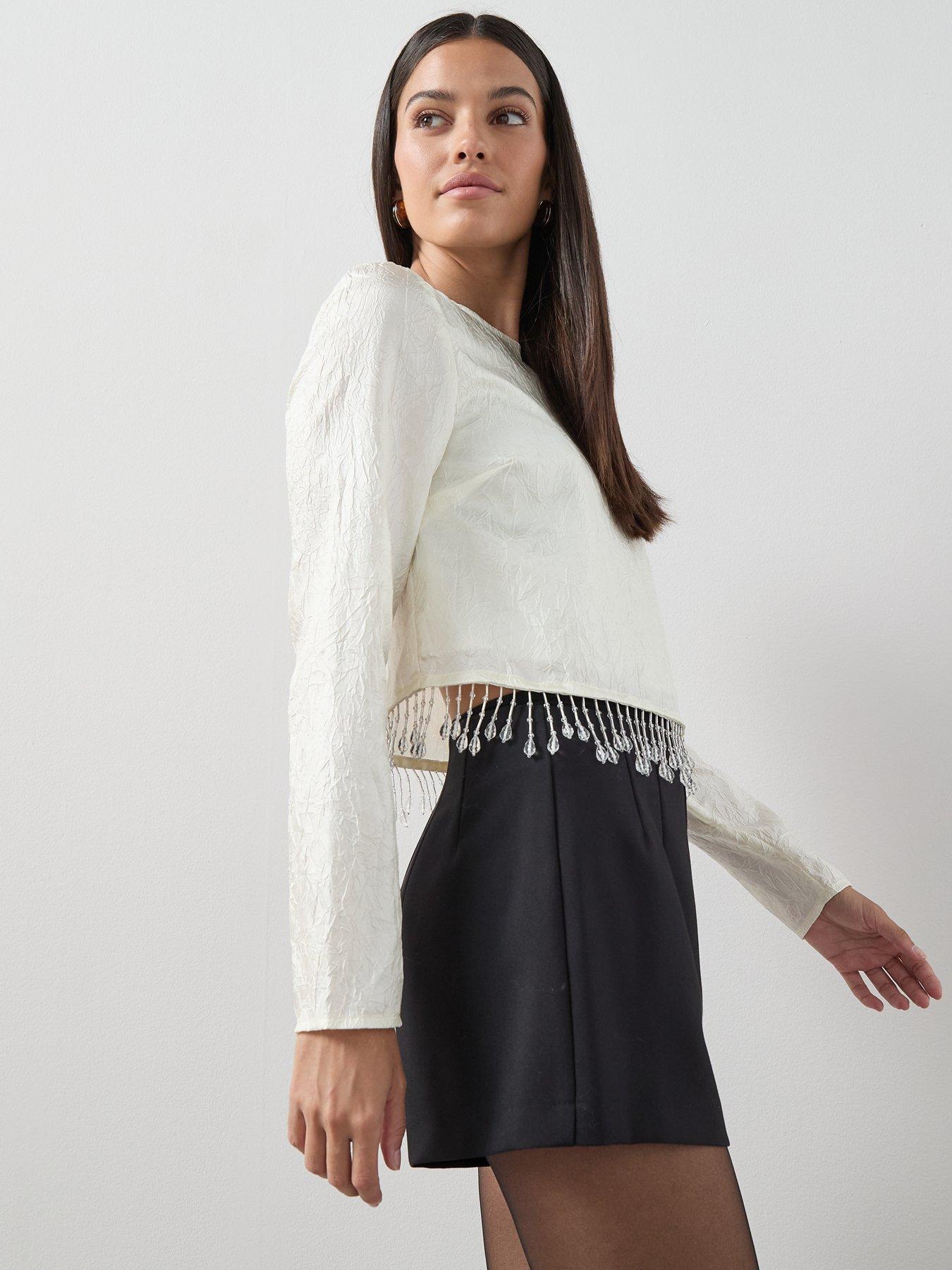 The Very Collection Embellished Trim Crease Effect Top - Cream | Very