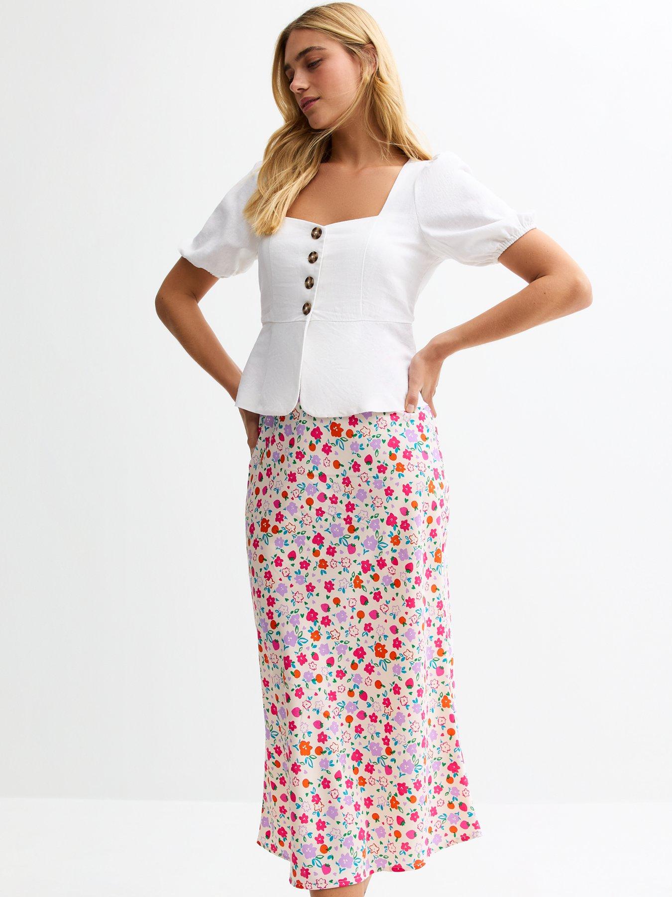 undefined White Fruit And Floral Print Satin Midi Skirt