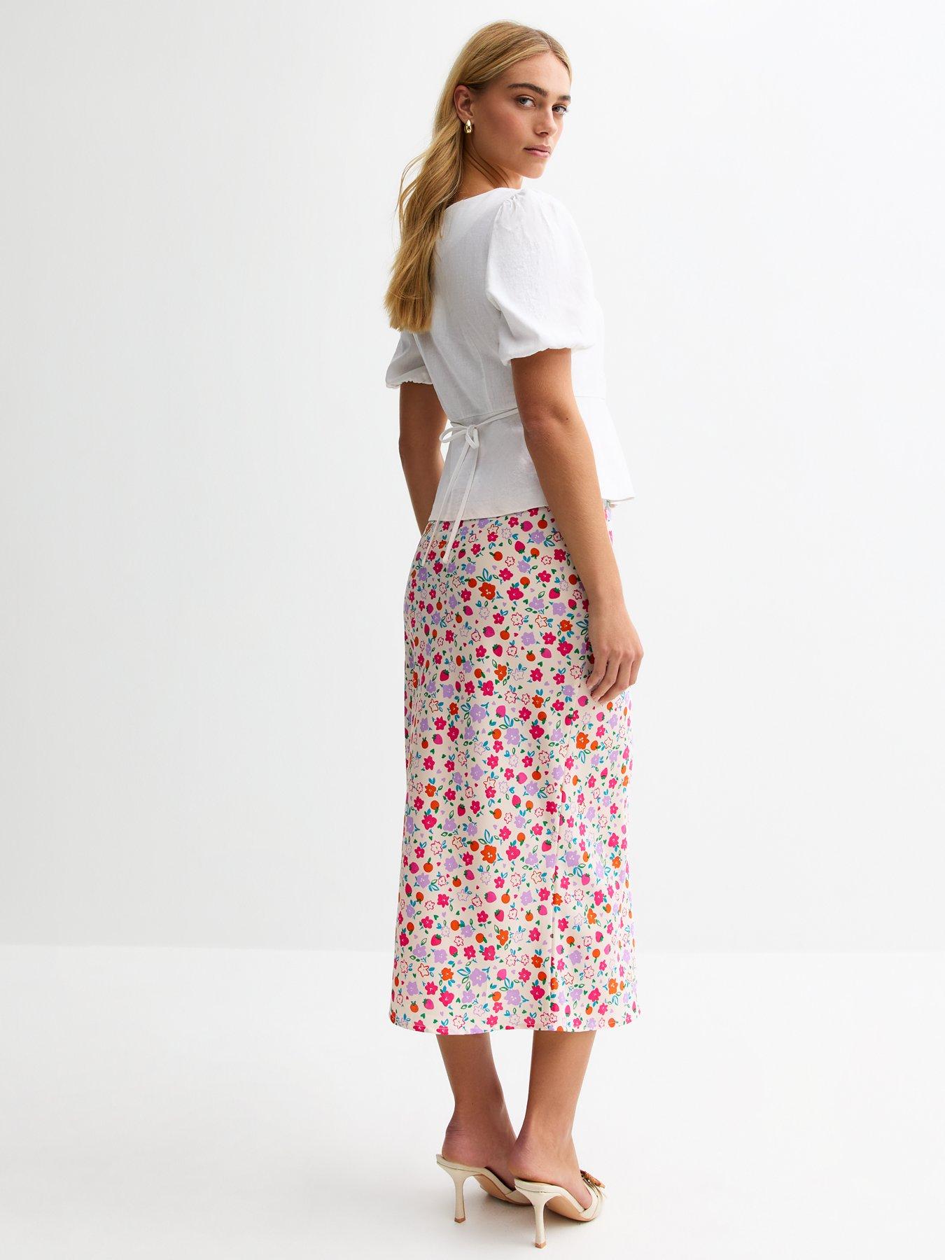 Image 2 of 4 of New Look Fruit And Floral Print Satin Midi Skirt - White