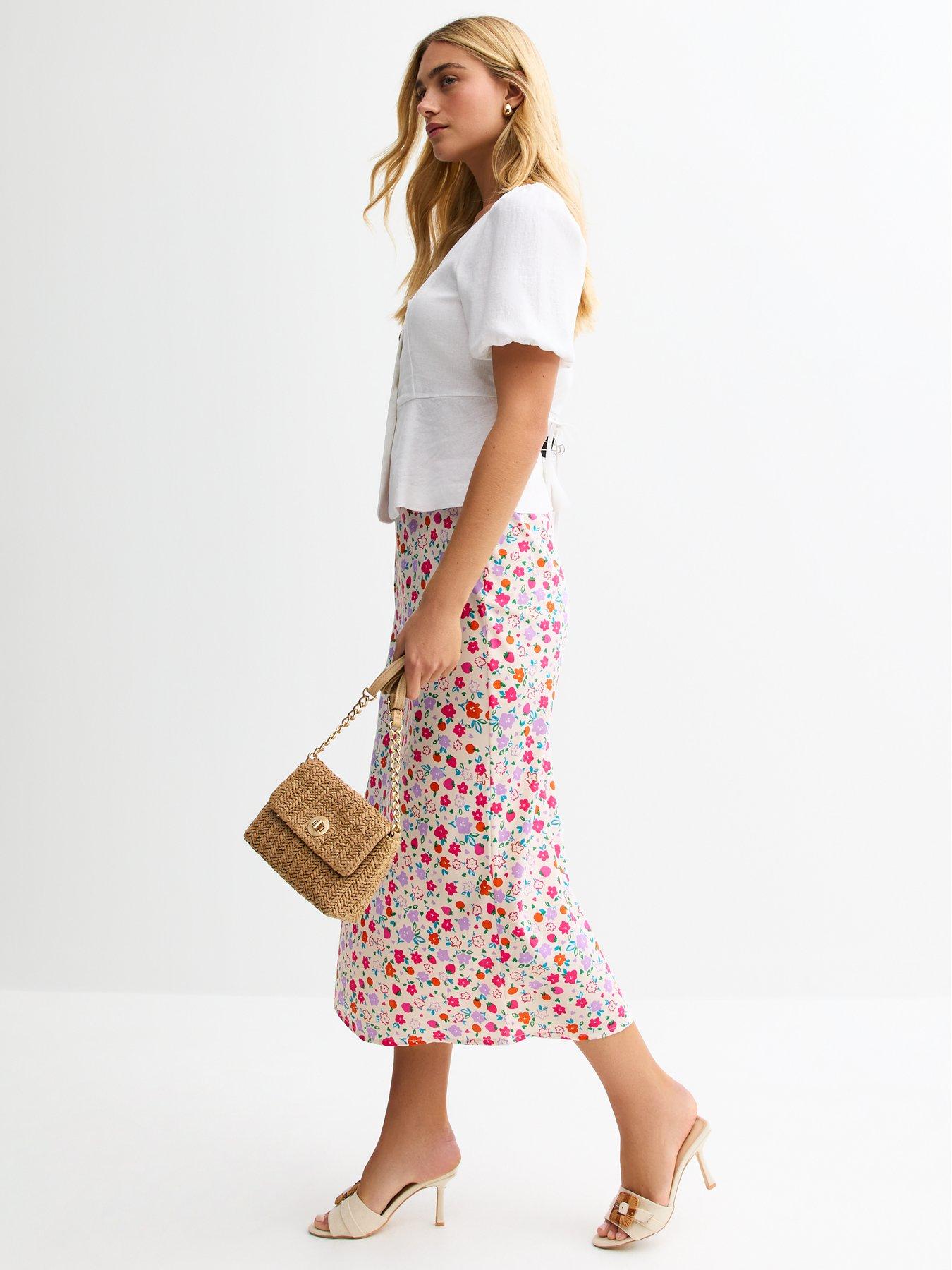 Image 3 of 4 of New Look Fruit And Floral Print Satin Midi Skirt - White