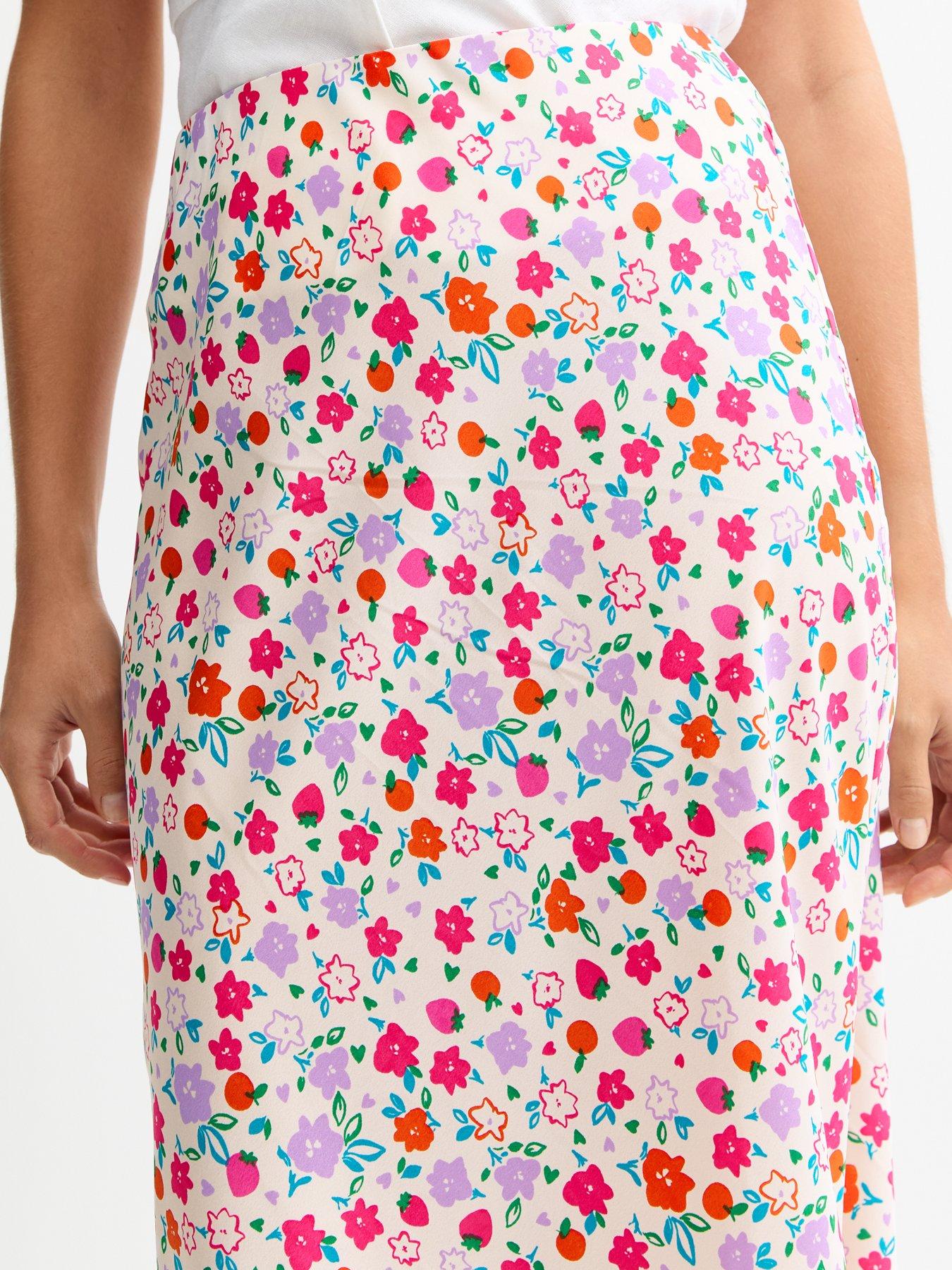 Image 4 of 4 of New Look Fruit And Floral Print Satin Midi Skirt - White