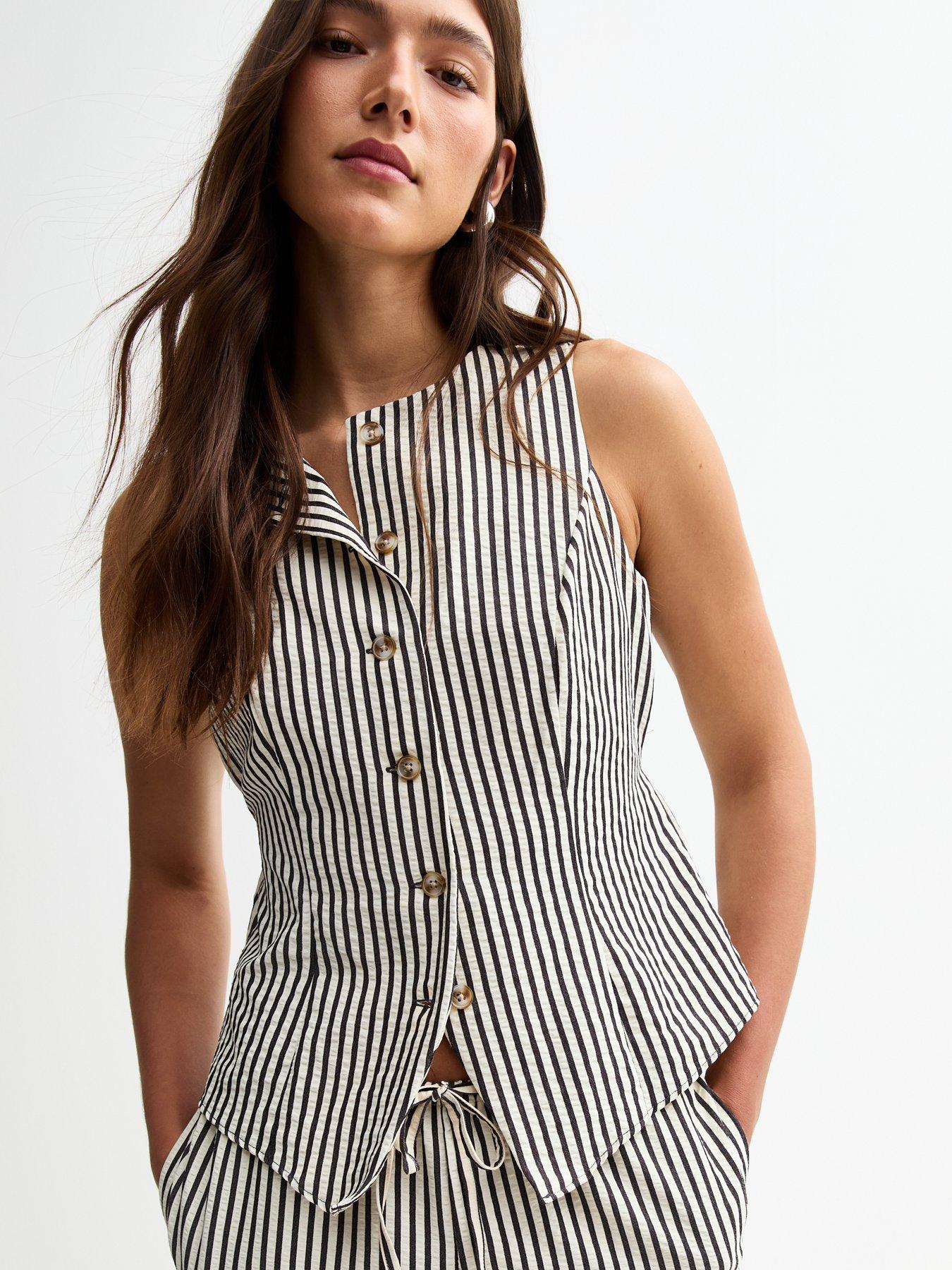 undefined Black Striped Crew Neck Waistcoat