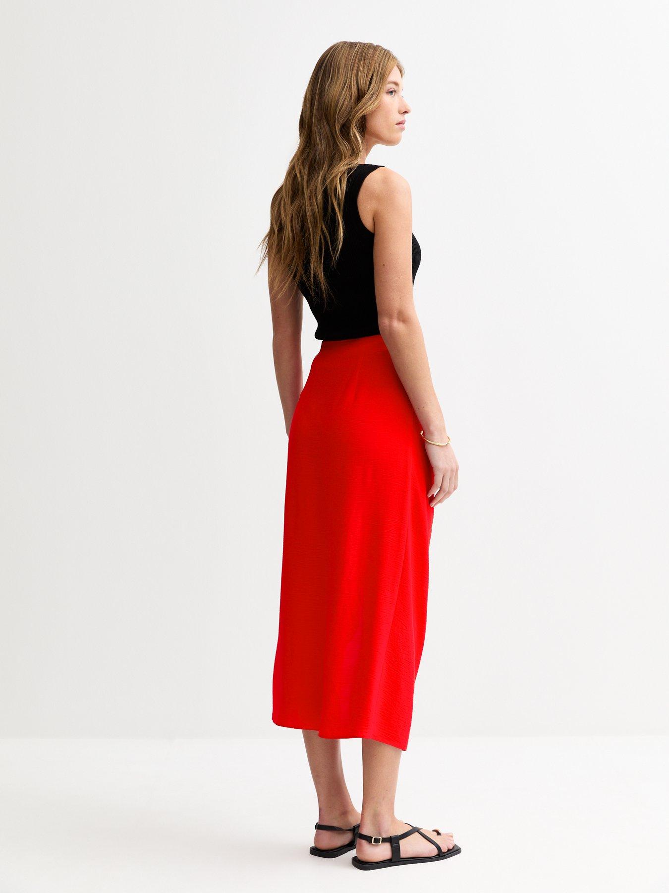 New Look Textured Ruffle Side Midi Skirt Bright Red Very