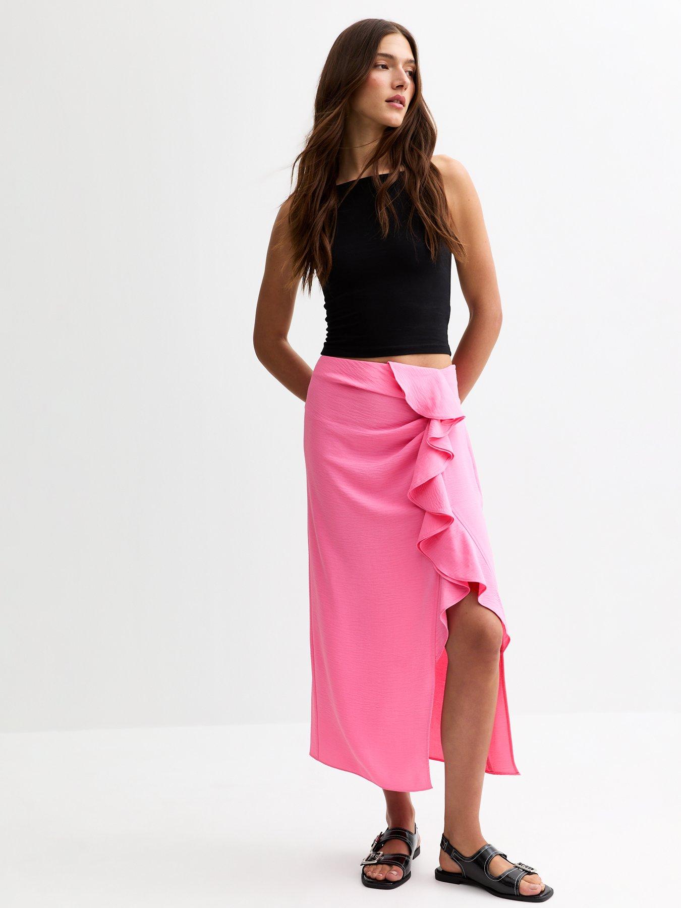 Image of New Look Textured Ruffle Side Midi Skirt - Bright Pink