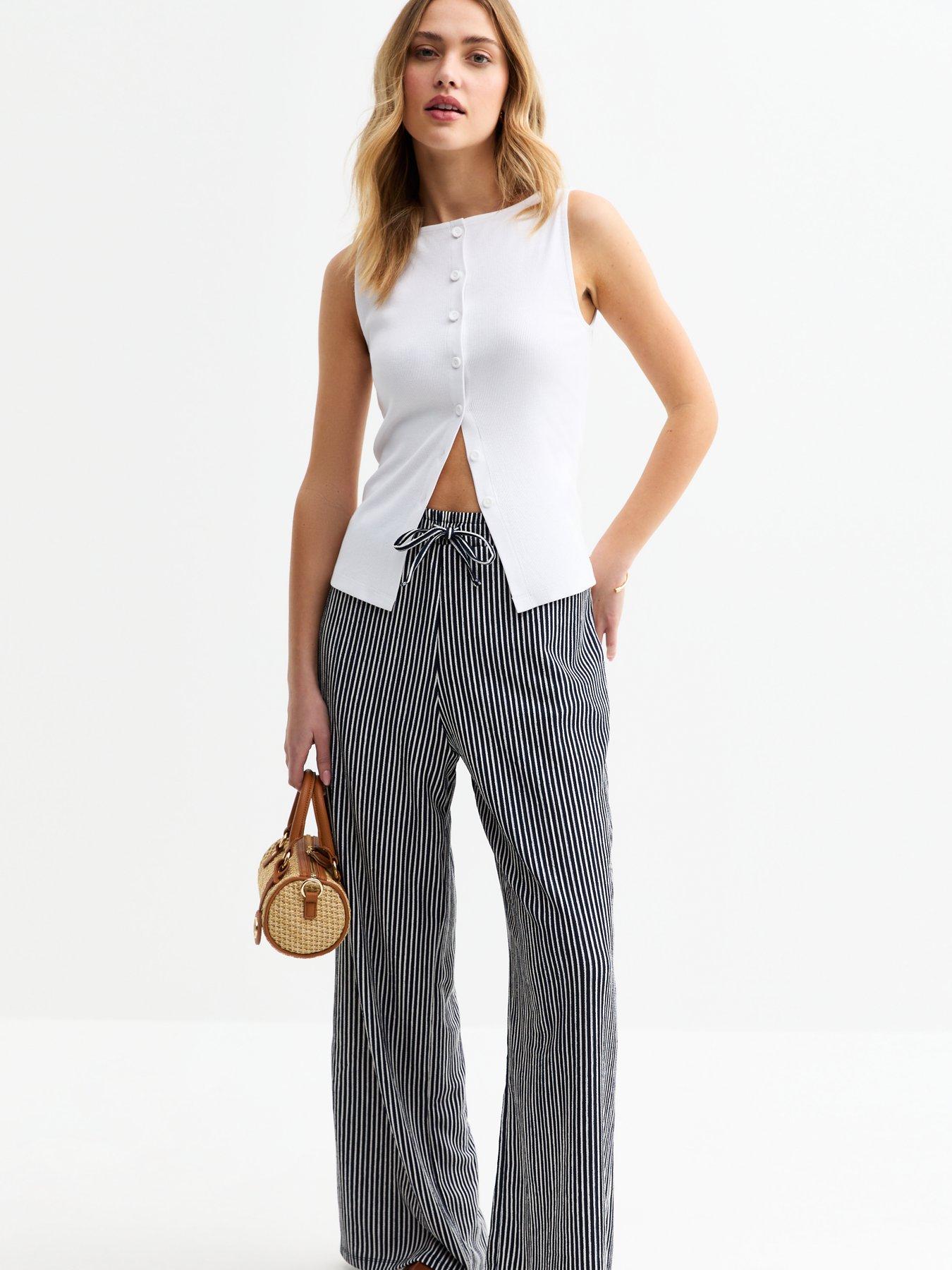 undefined Blue Striped Drawstring Waist Wide Leg Trousers