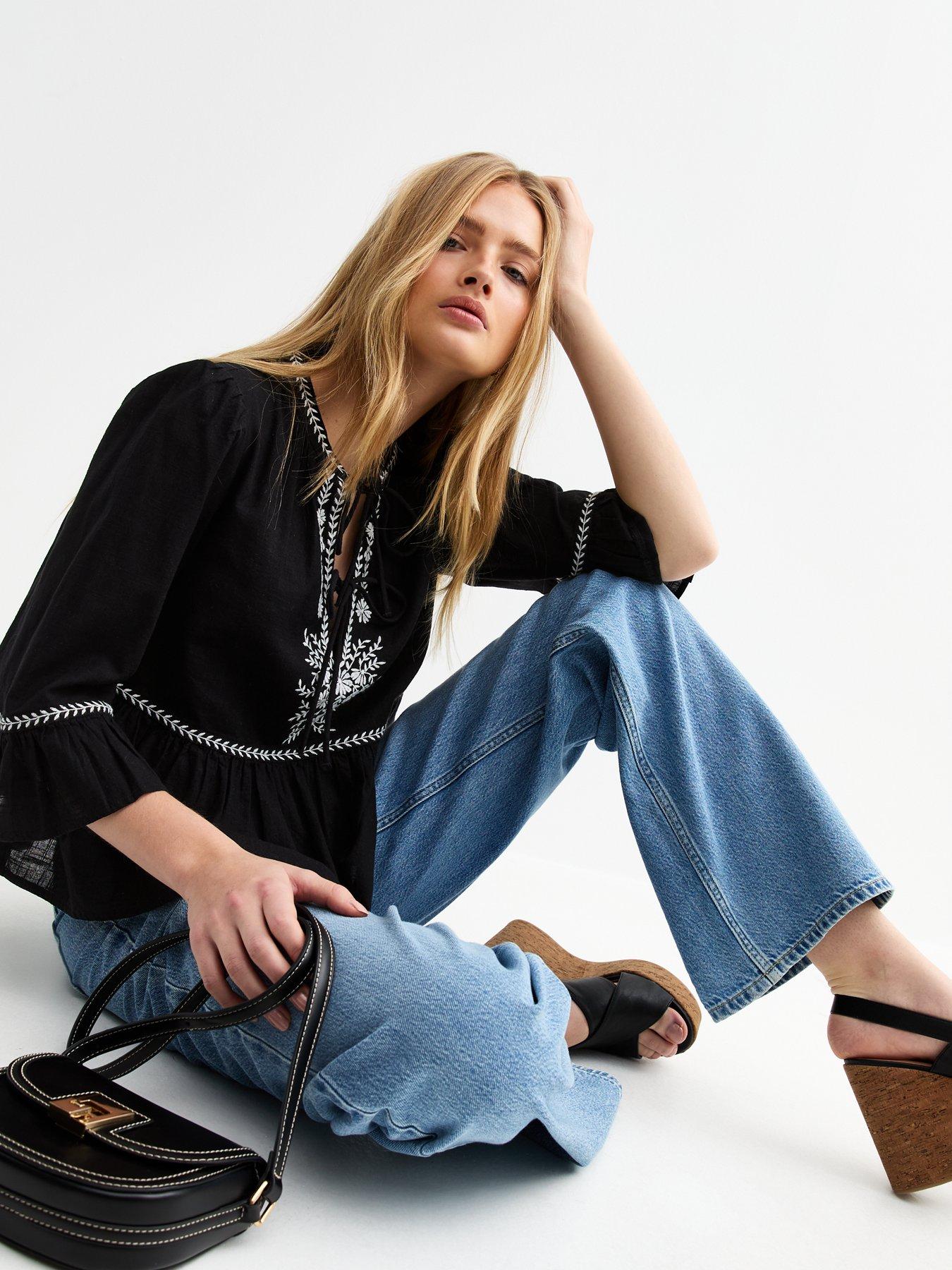 undefined Floral Embroidered Tie Front Smock Top - Black
