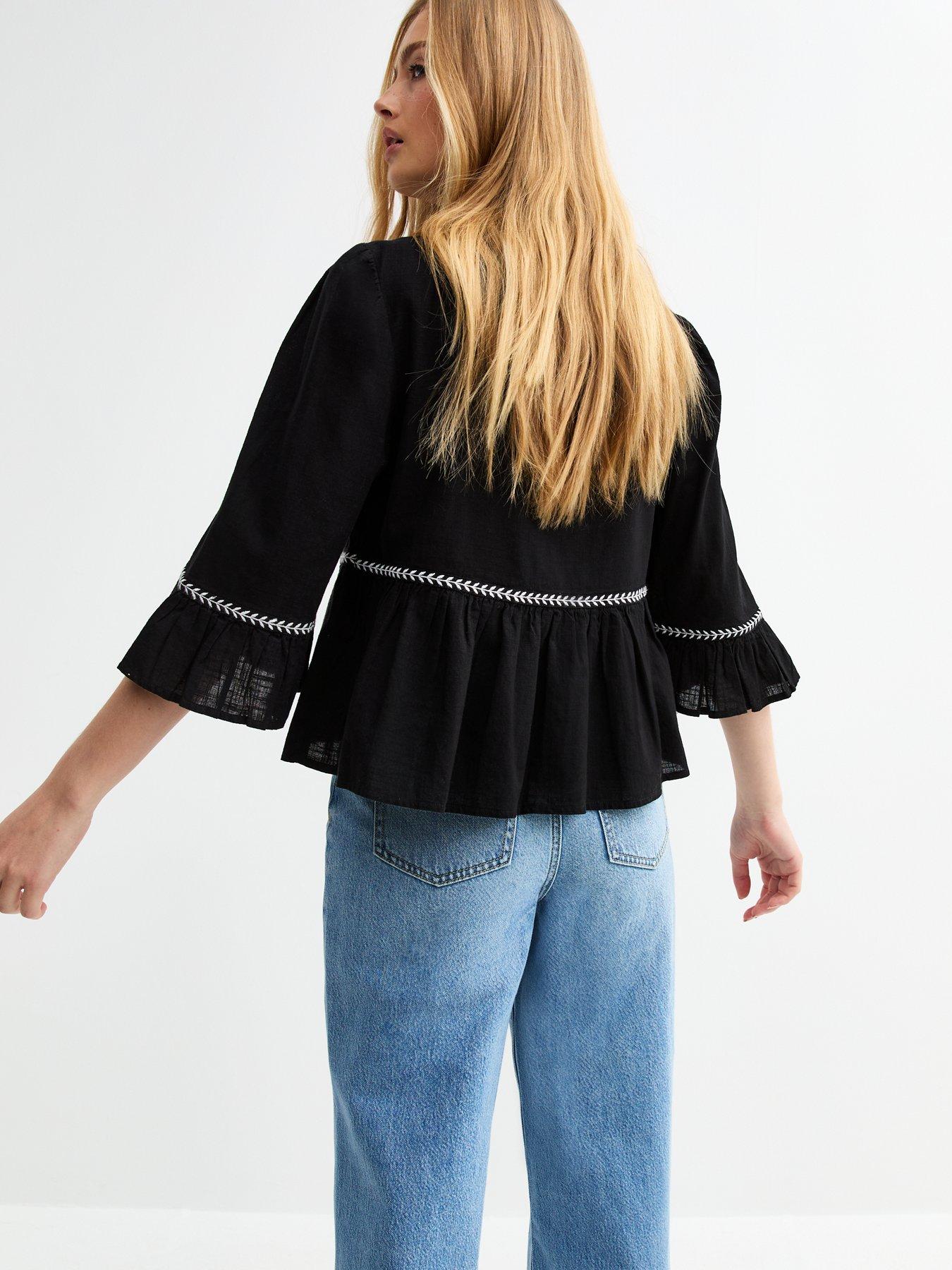 Image 2 of 5 of New Look Floral Embroidered Tie Front Smock Top - Black