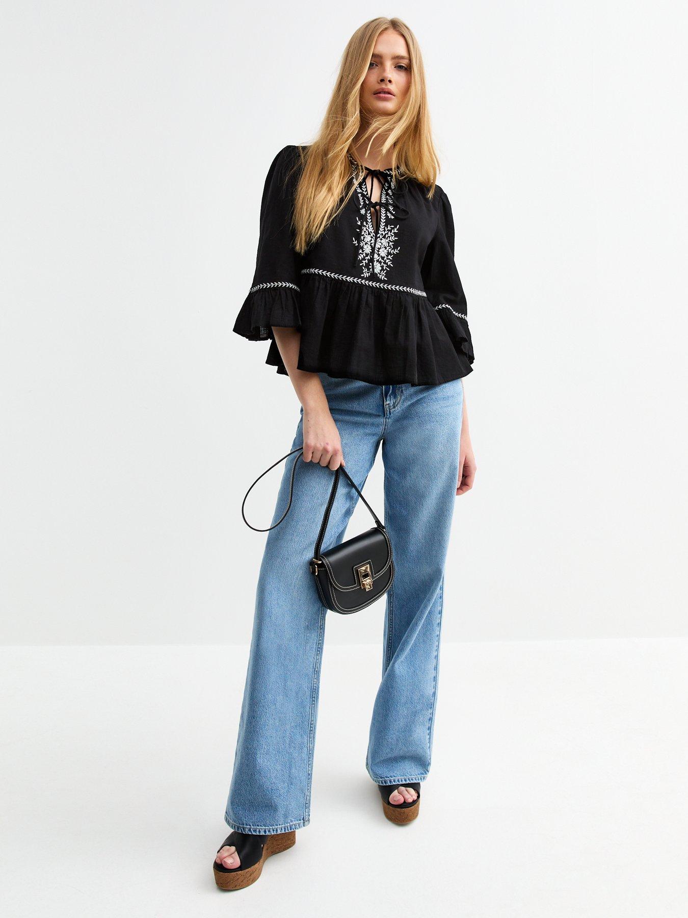 Image 3 of 5 of New Look Floral Embroidered Tie Front Smock Top - Black