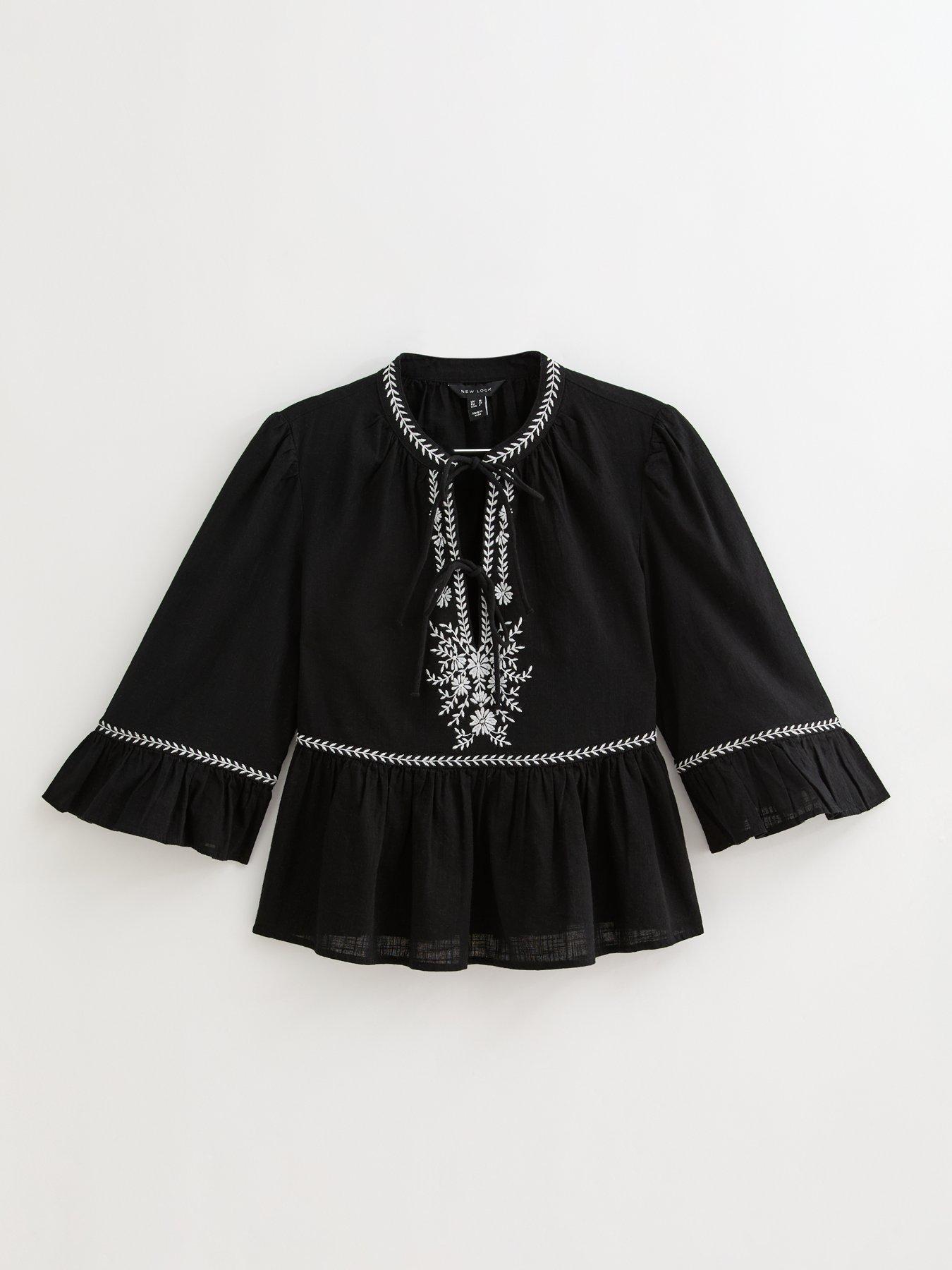 Image 5 of 5 of New Look Floral Embroidered Tie Front Smock Top - Black