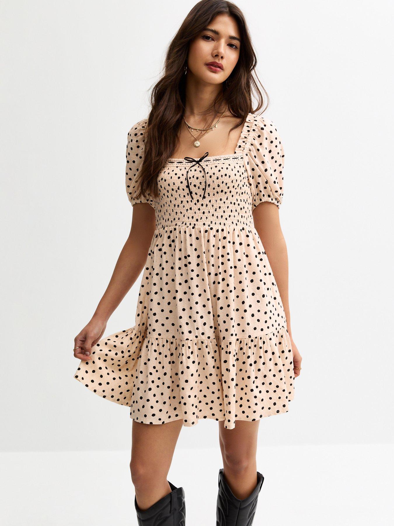 undefined Cream Polka Dot Milkmaid Mini Dress - White