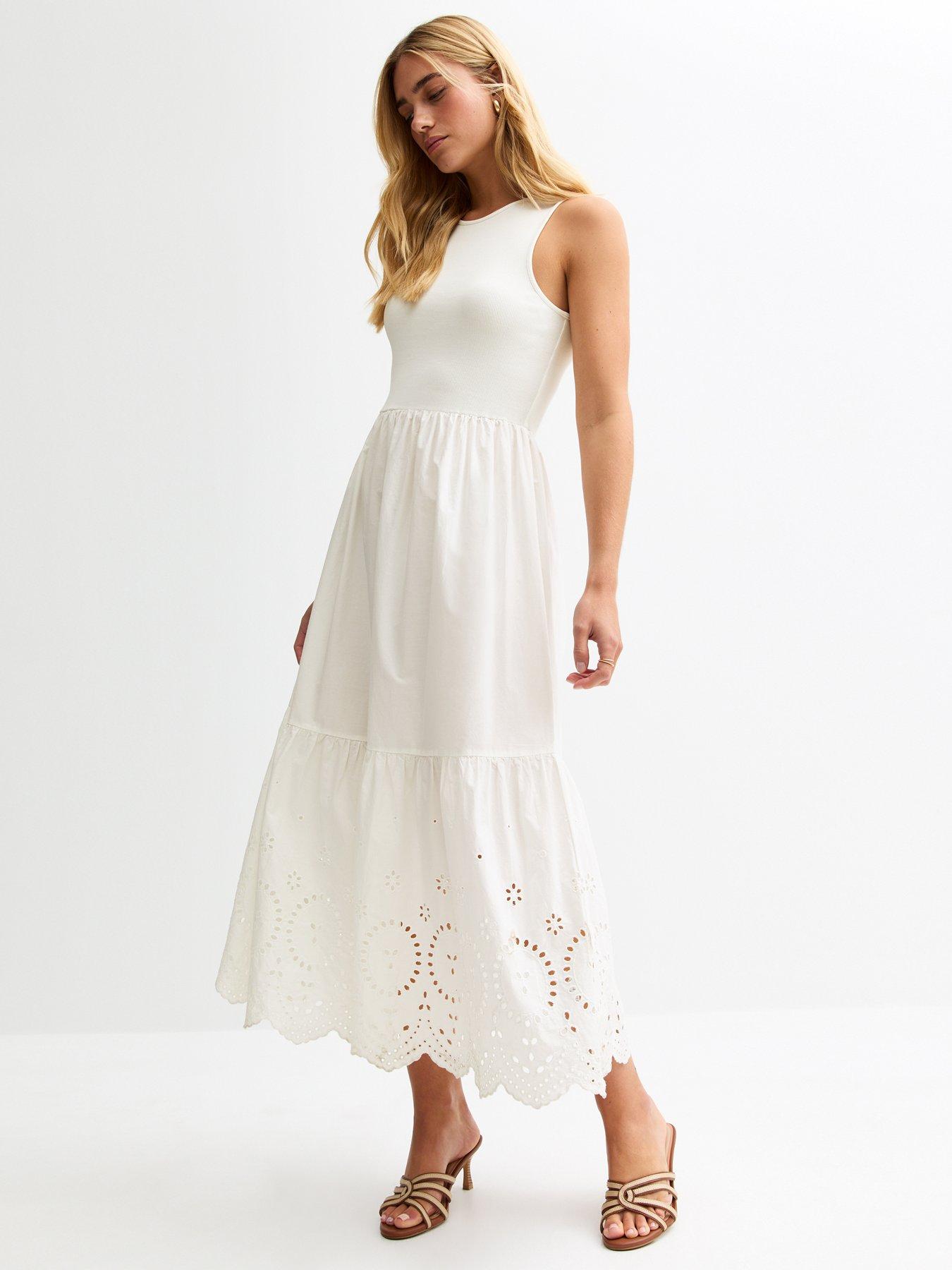 undefined White Rib Racerback Broderie Anglaise Embroidered Midi Dress